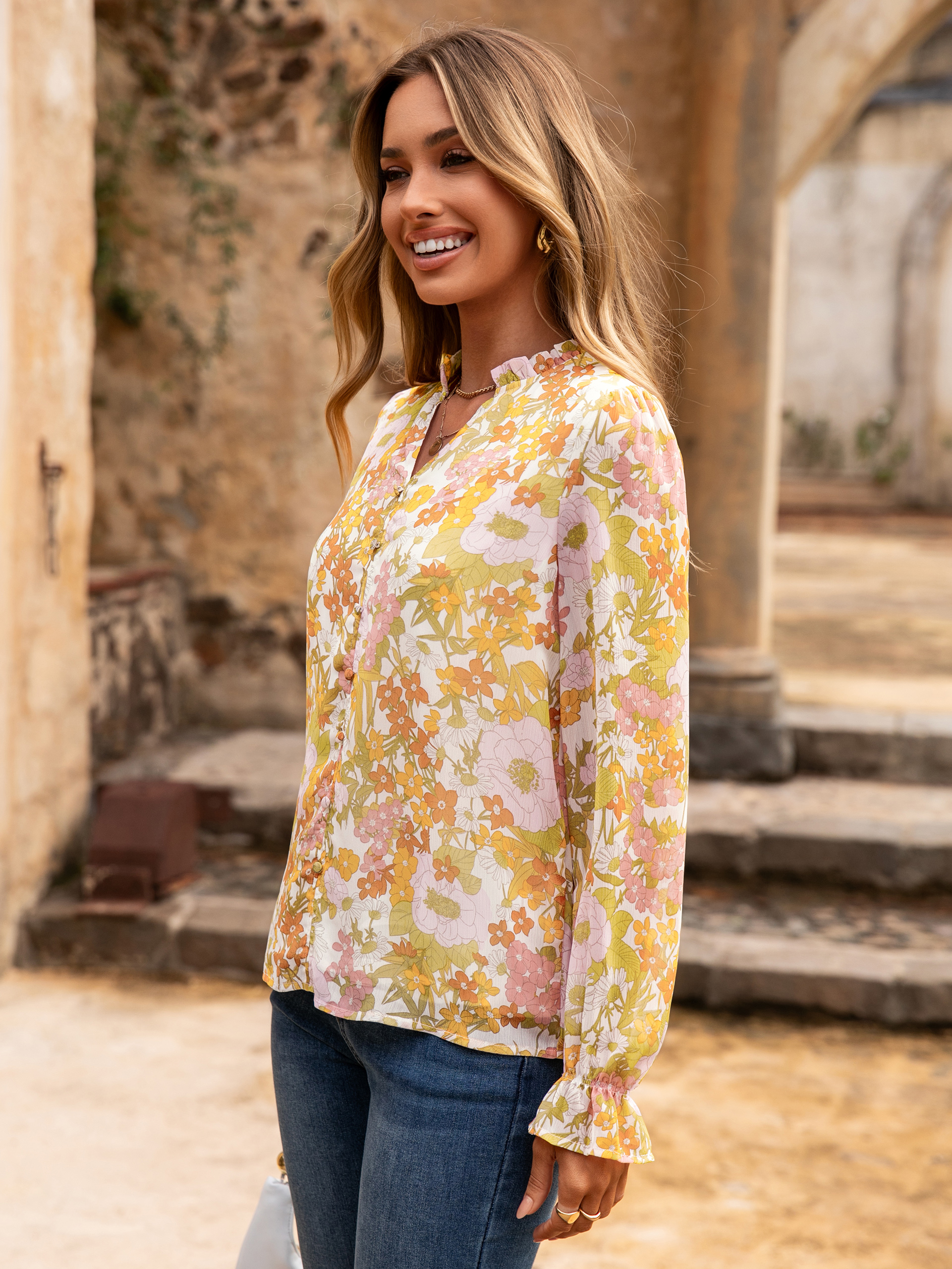 Floral V Neck Puff Sleeve Chiffon Blouse