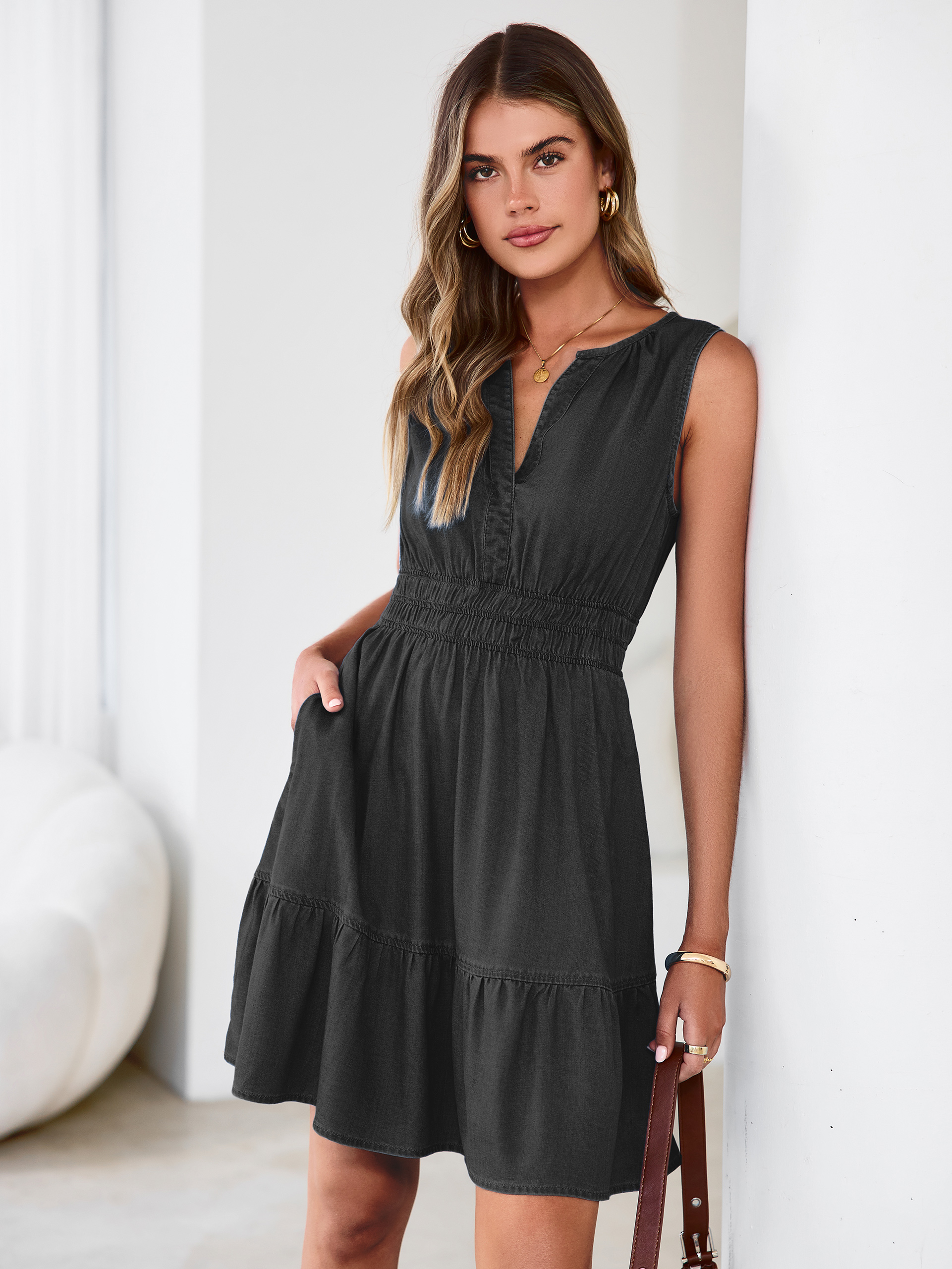 V Neck Sleeveless Lyocell Denim Mini Dress - Denim Black