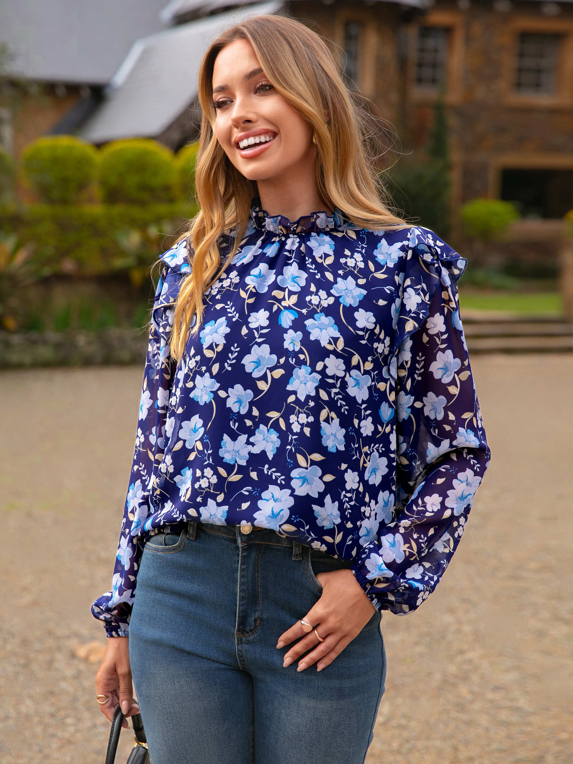 Boho Floral Ruffle Long Sleeve Blouse