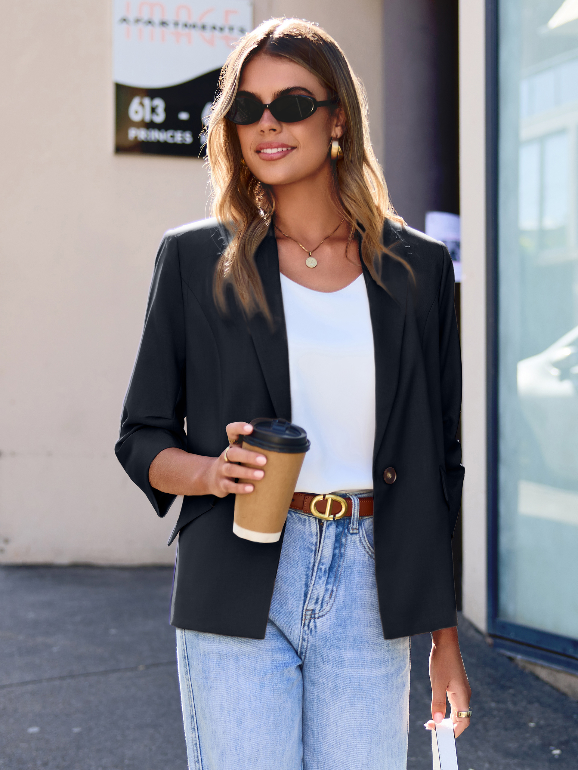 Relaxed Fit 3/4 Sleeve Notch Lapel Blazer