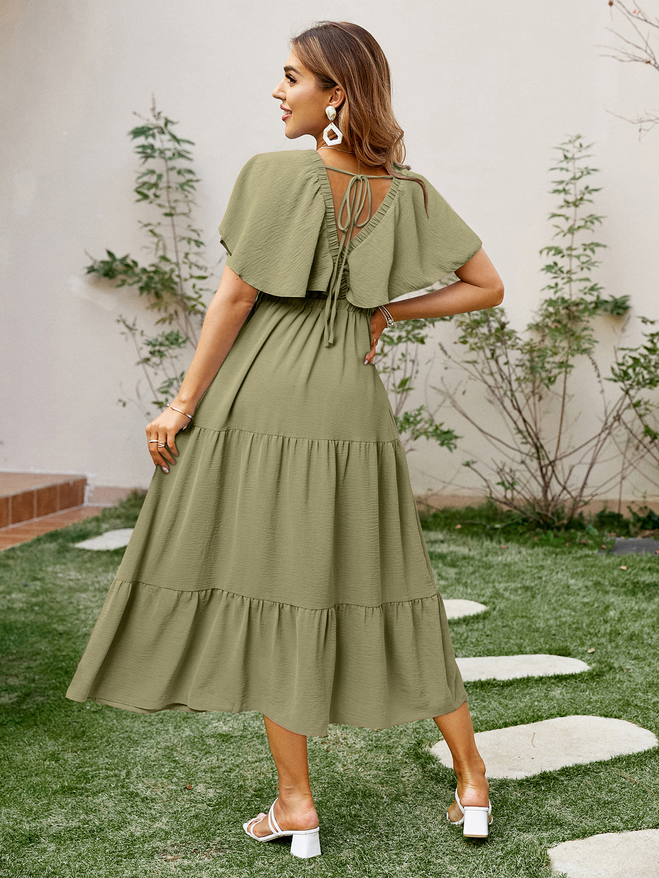 Solid Color Tiered V-Neck Ruffle Sleeve Maxi Dress