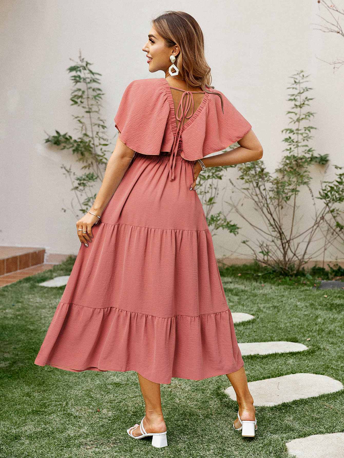 Solid Color Tiered V-Neck Ruffle Sleeve Maxi Dress