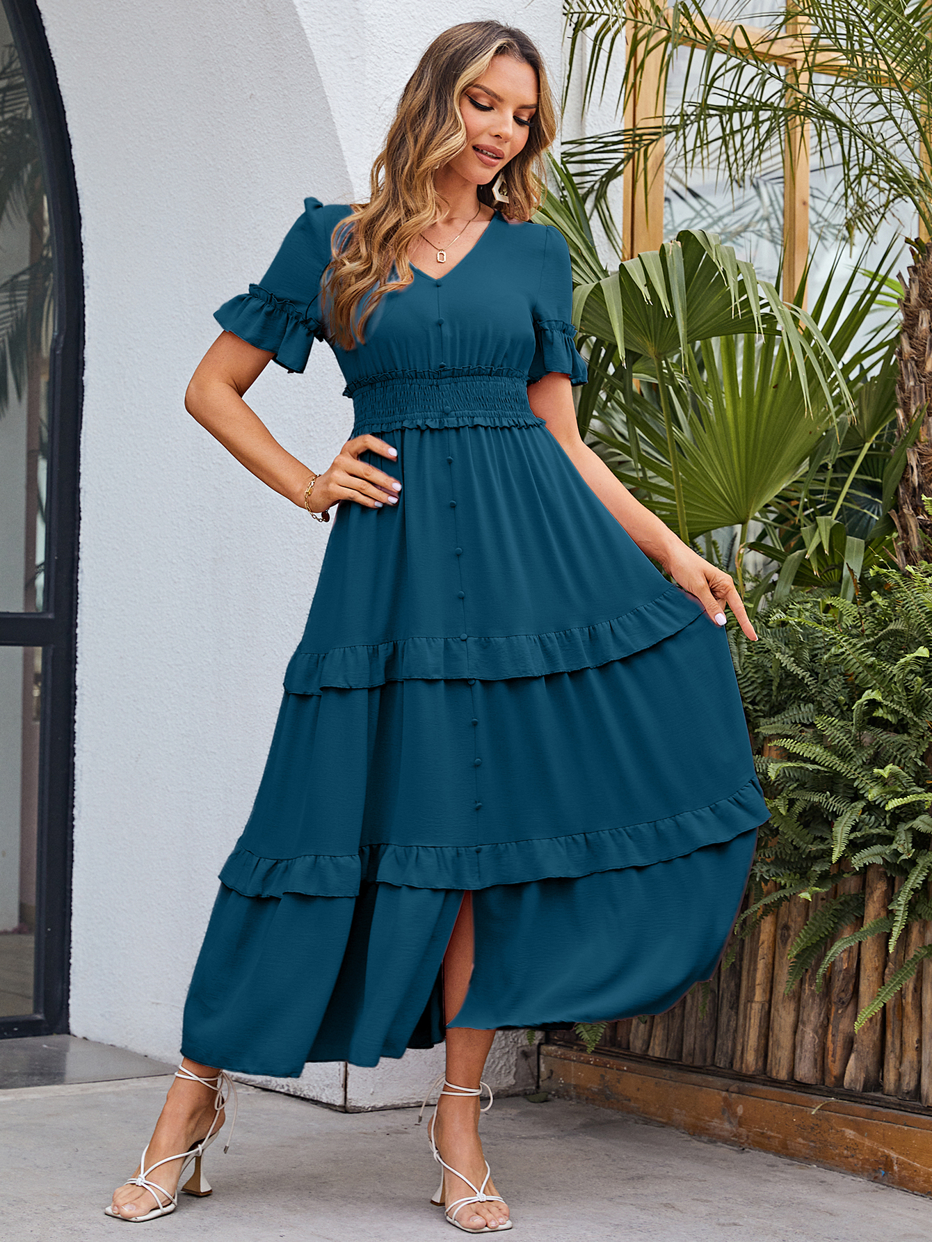 Short Sleeve Tiered Ruffle Smocked V-Neck Maxi Dress