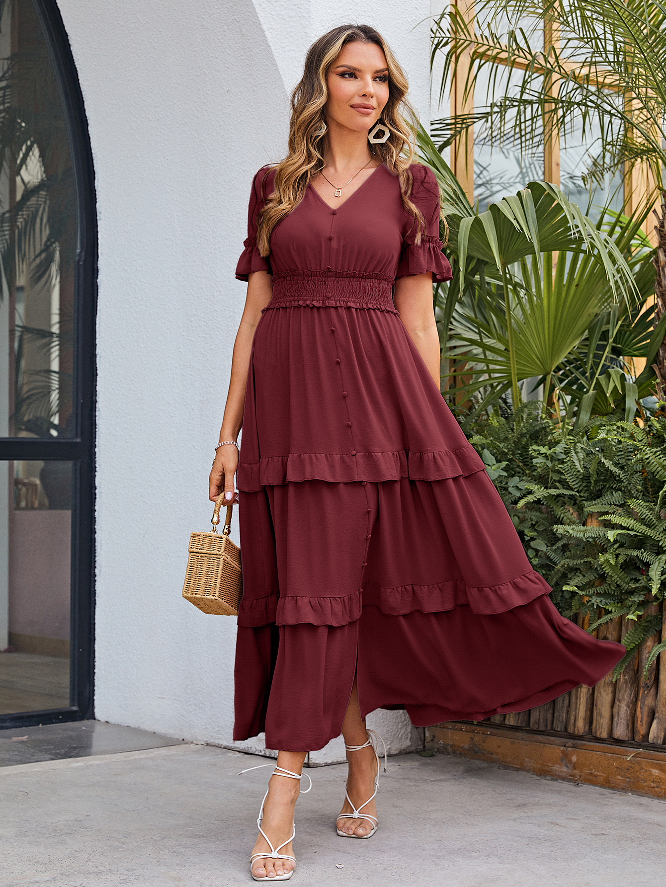 Short Sleeve Tiered Ruffle Smocked V-Neck Maxi Dress