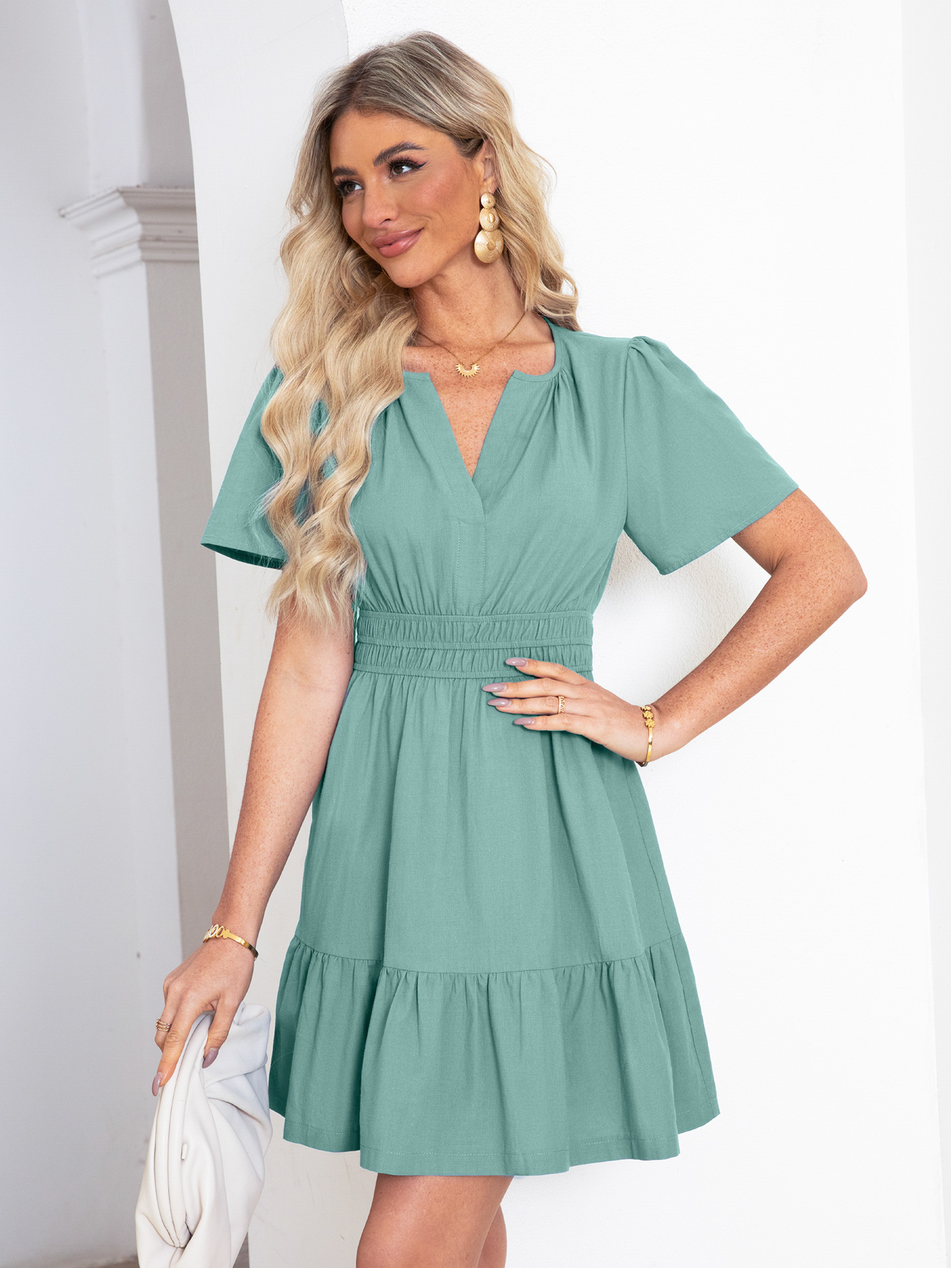 V Neck Short Sleeve Ruffle Mini Dress