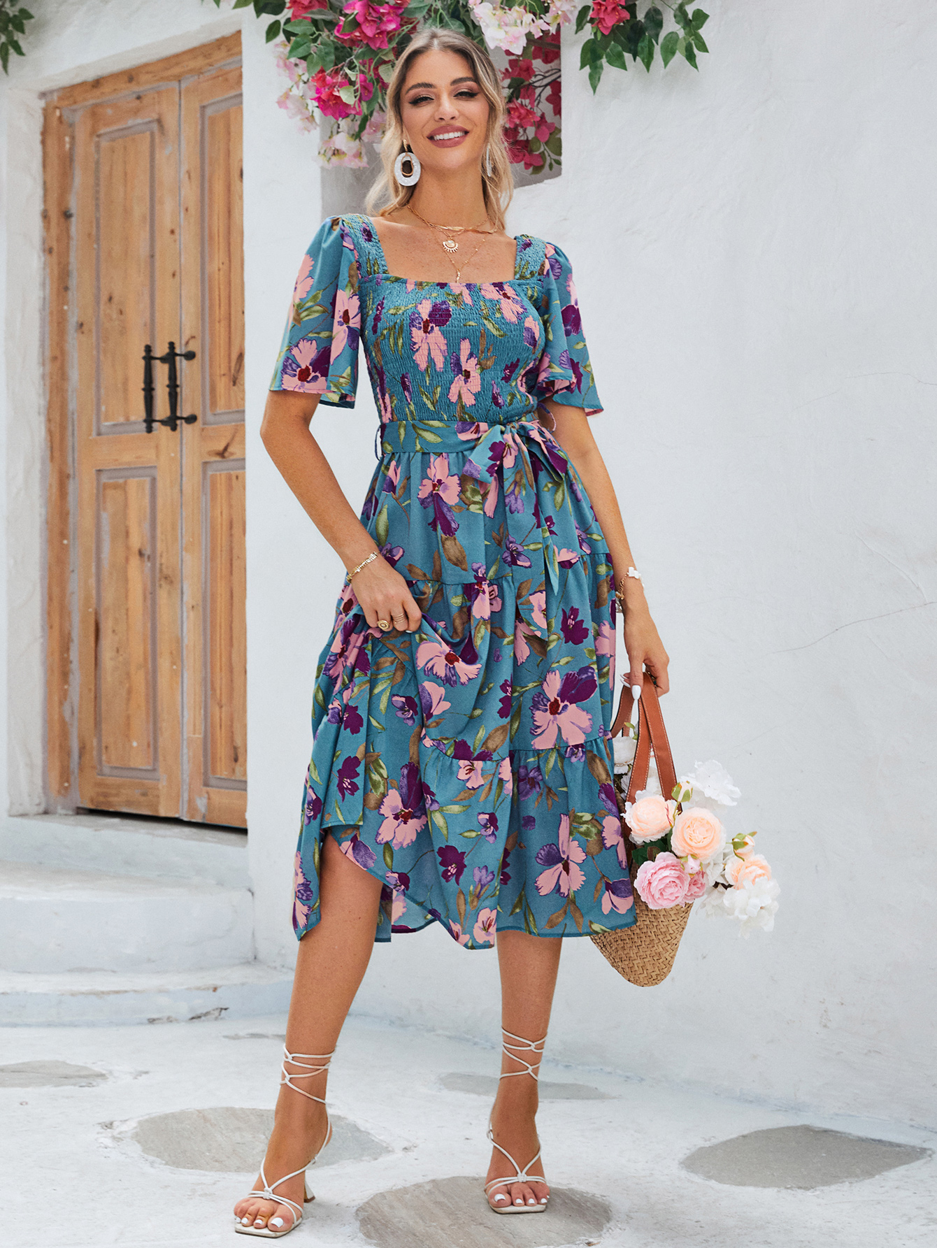 Floral Shirred Ruffle Sleeve Tie Waist Midi Dress - Blue