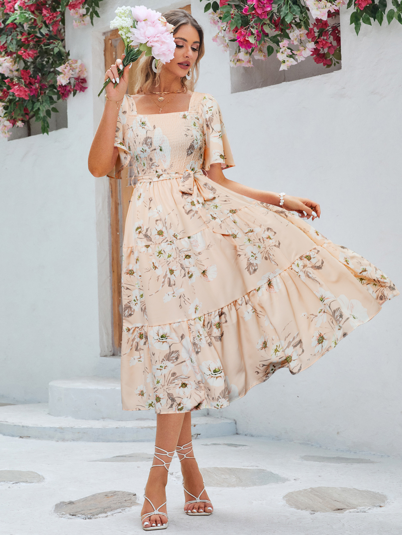 Floral Shirred Ruffle Sleeve Tie Waist Midi Dress - Light Pink