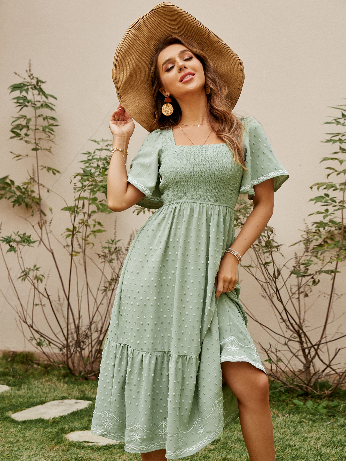 Square Neck Smocked Ruffle A Line Maxi Dress