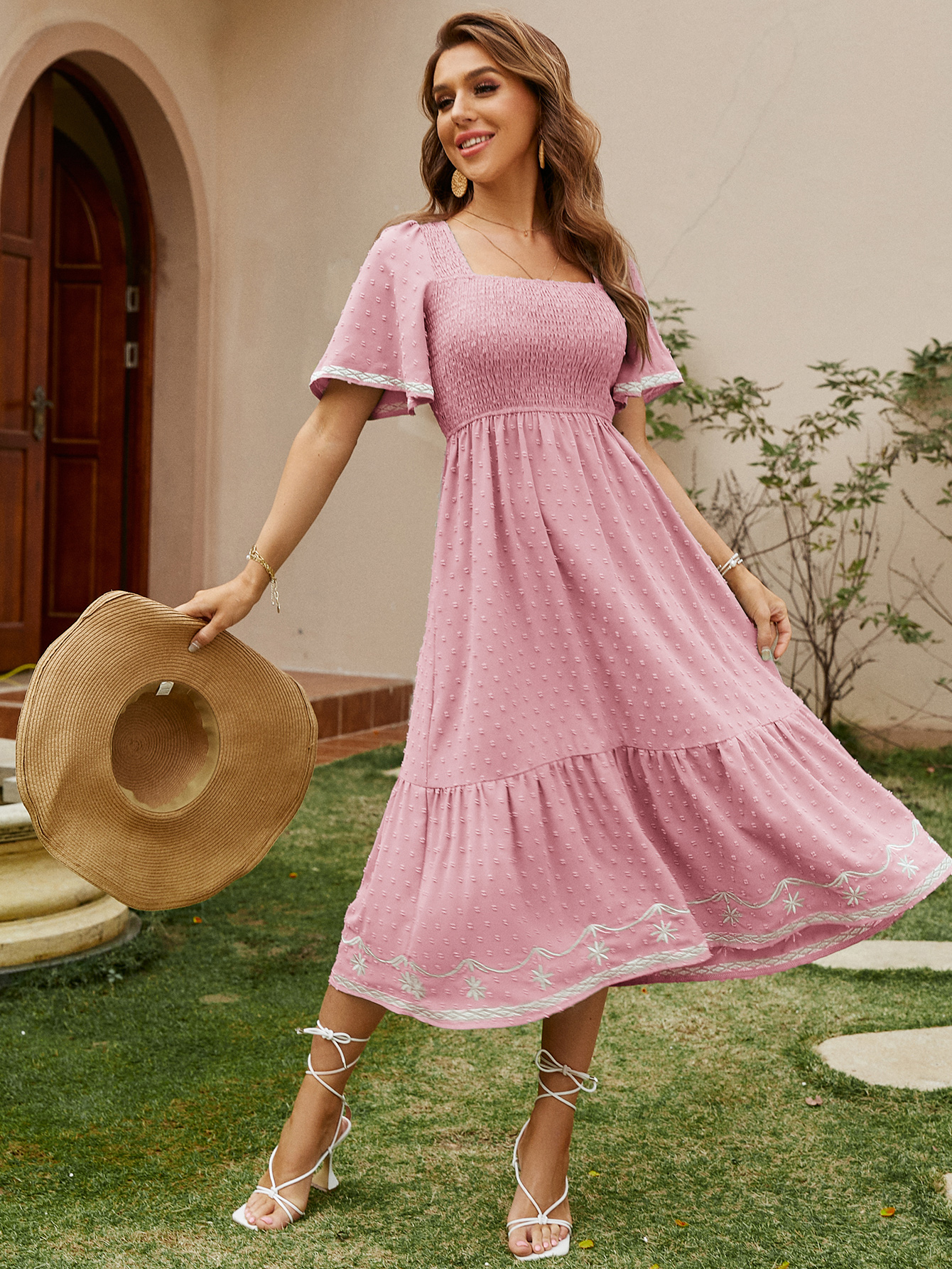 Square Neck Smocked Ruffle A Line Maxi Dress