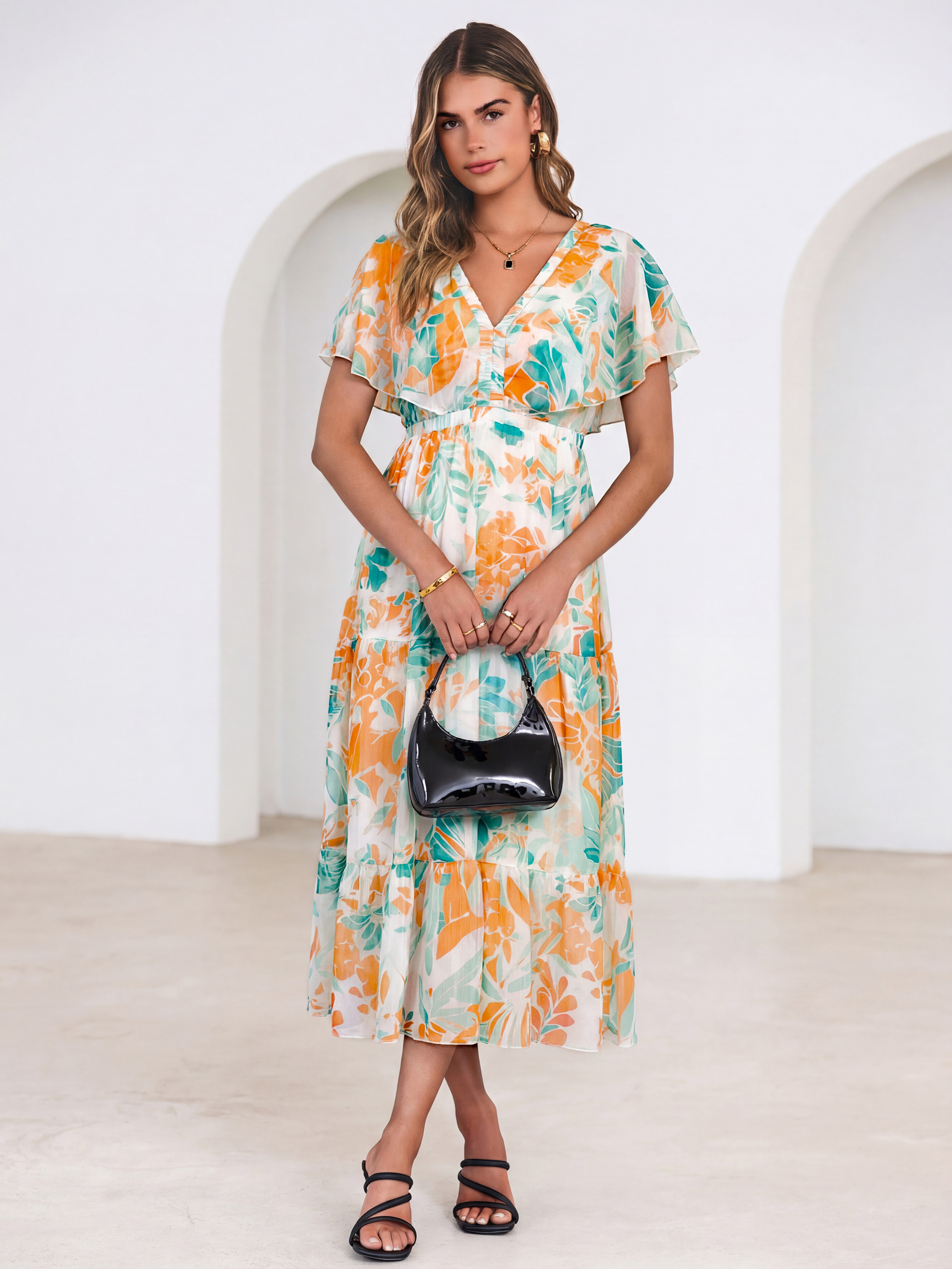 Floral V Neck Ruffle Sleeve Backless Maxi Dress