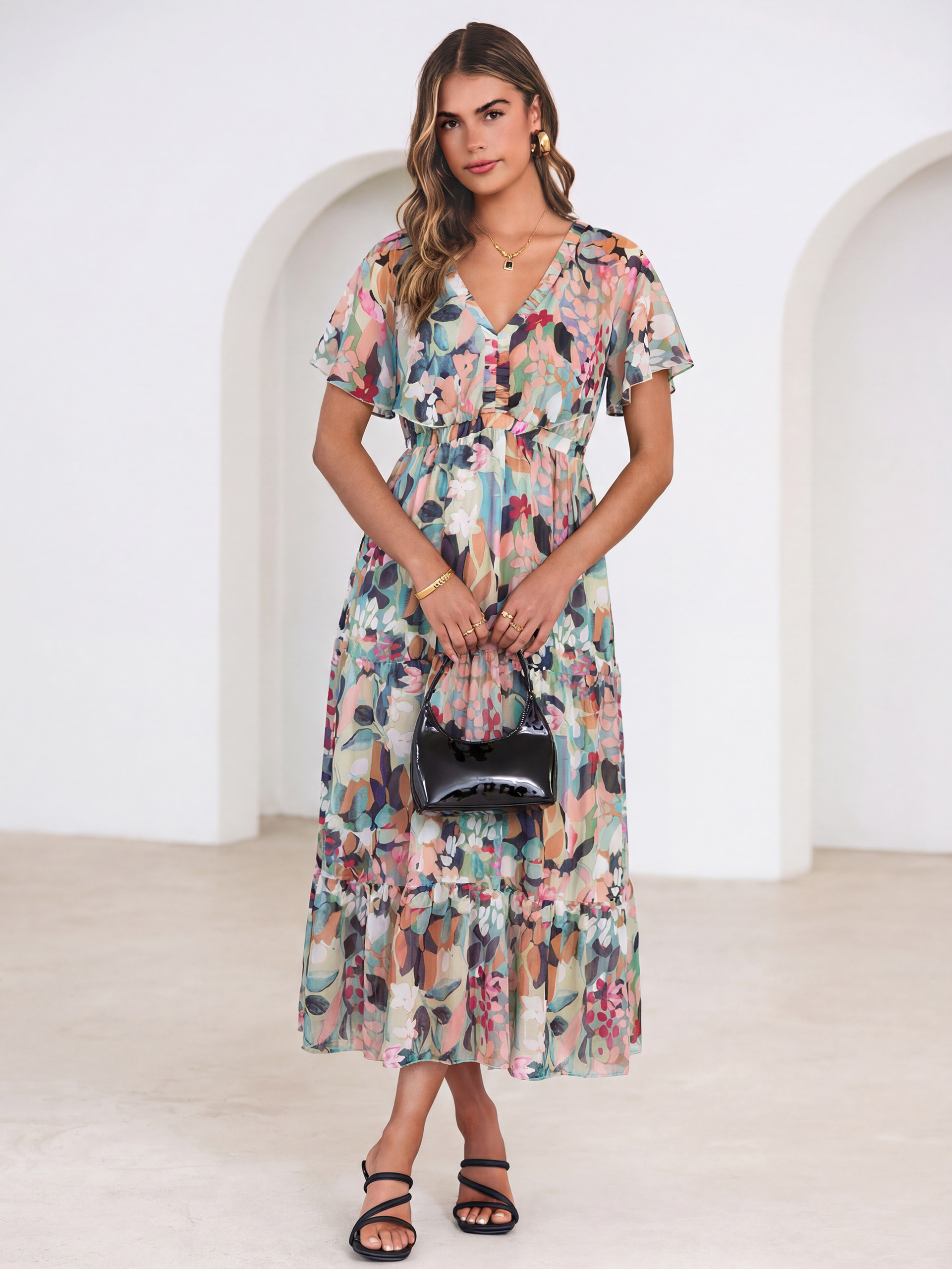 Floral V Neck Ruffle Sleeve Backless Maxi Dress
