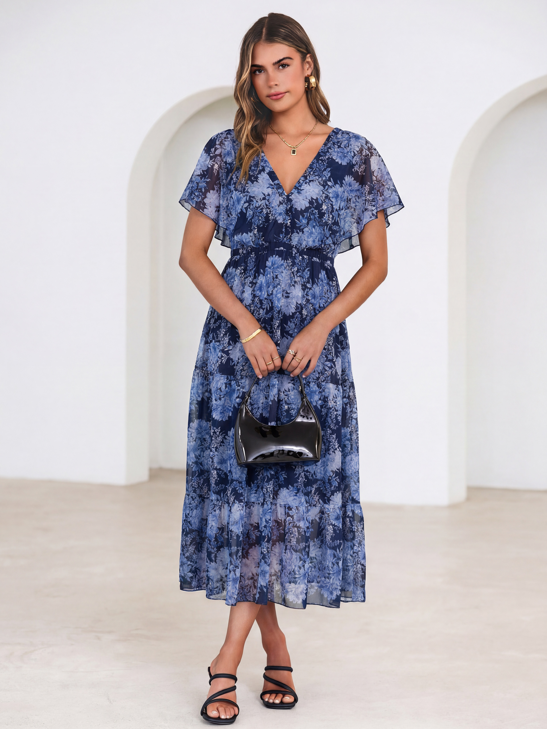Floral V Neck Ruffle Sleeve Backless Maxi Dress