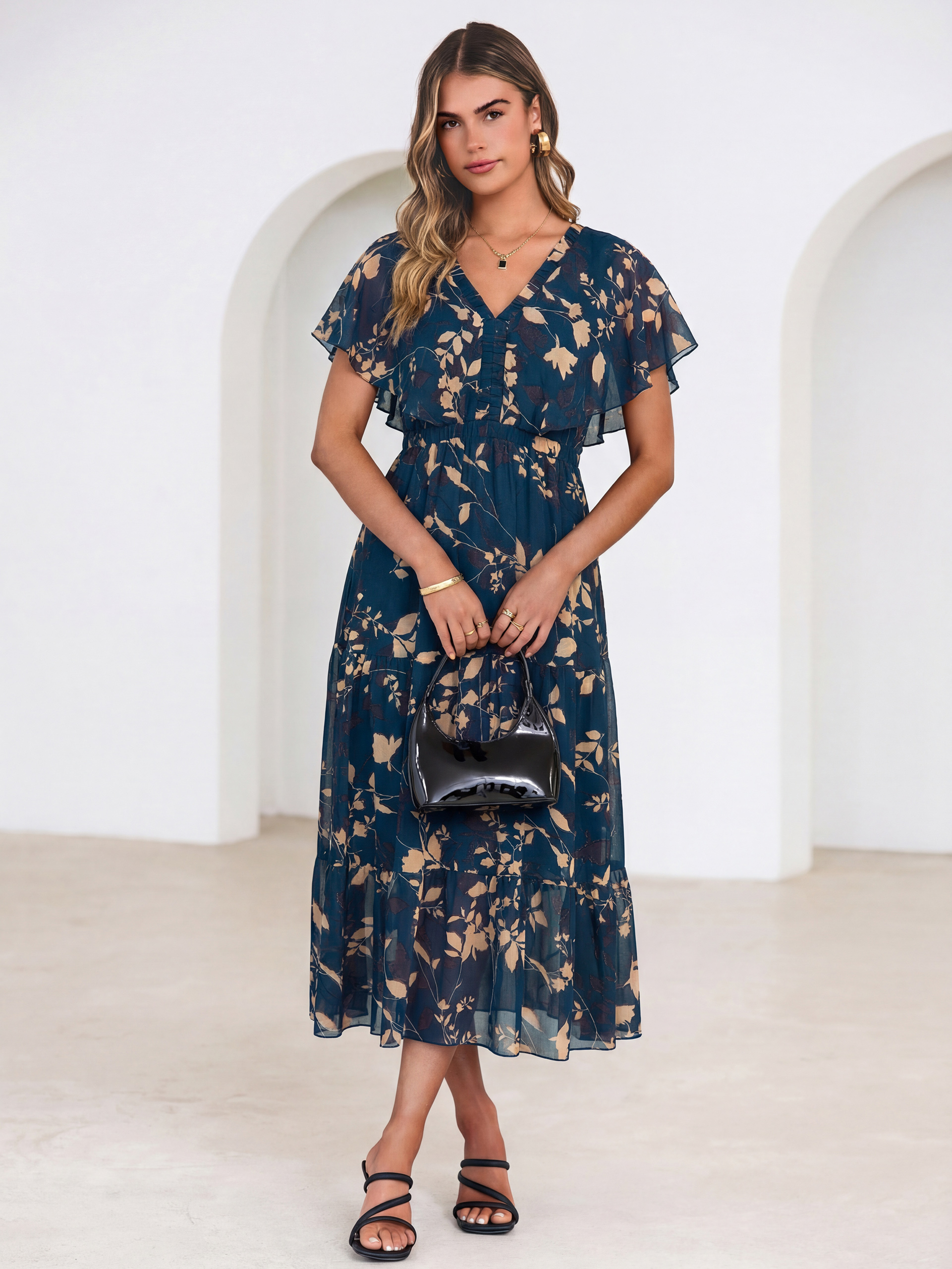 Floral V Neck Ruffle Sleeve Backless Maxi Dress