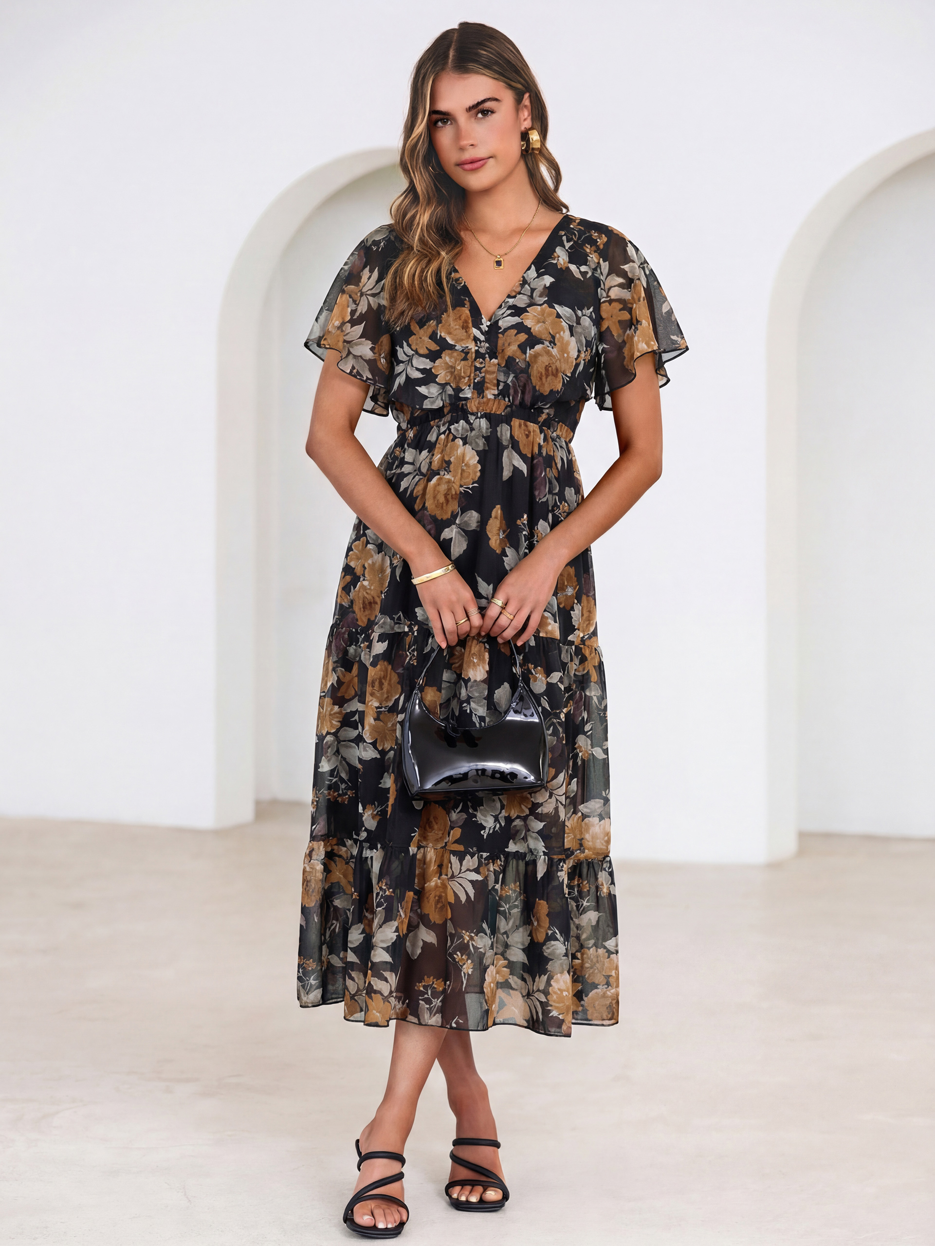 Floral V Neck Ruffle Sleeve Backless Maxi Dress