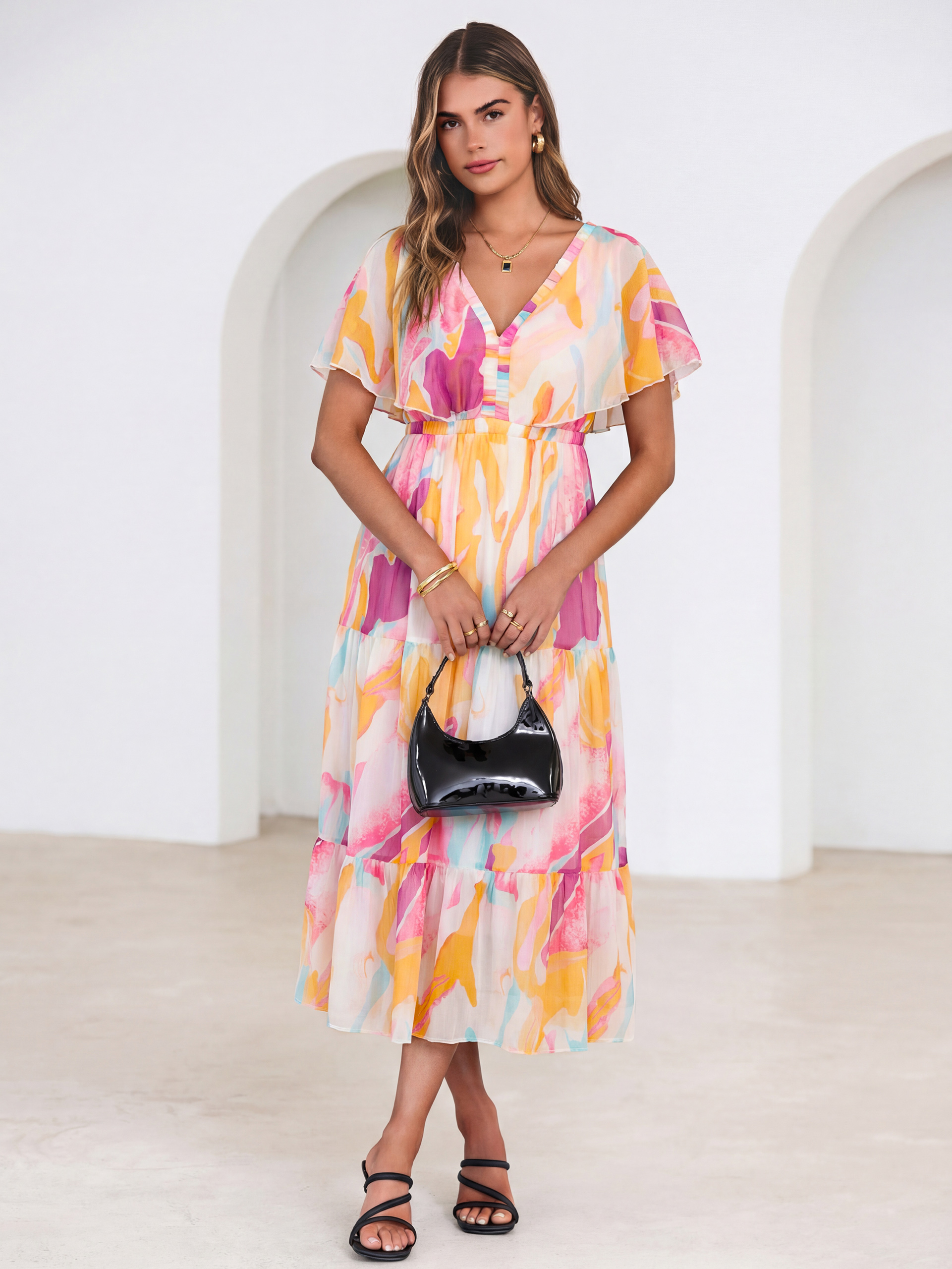 Floral V Neck Ruffle Sleeve Backless Maxi Dress