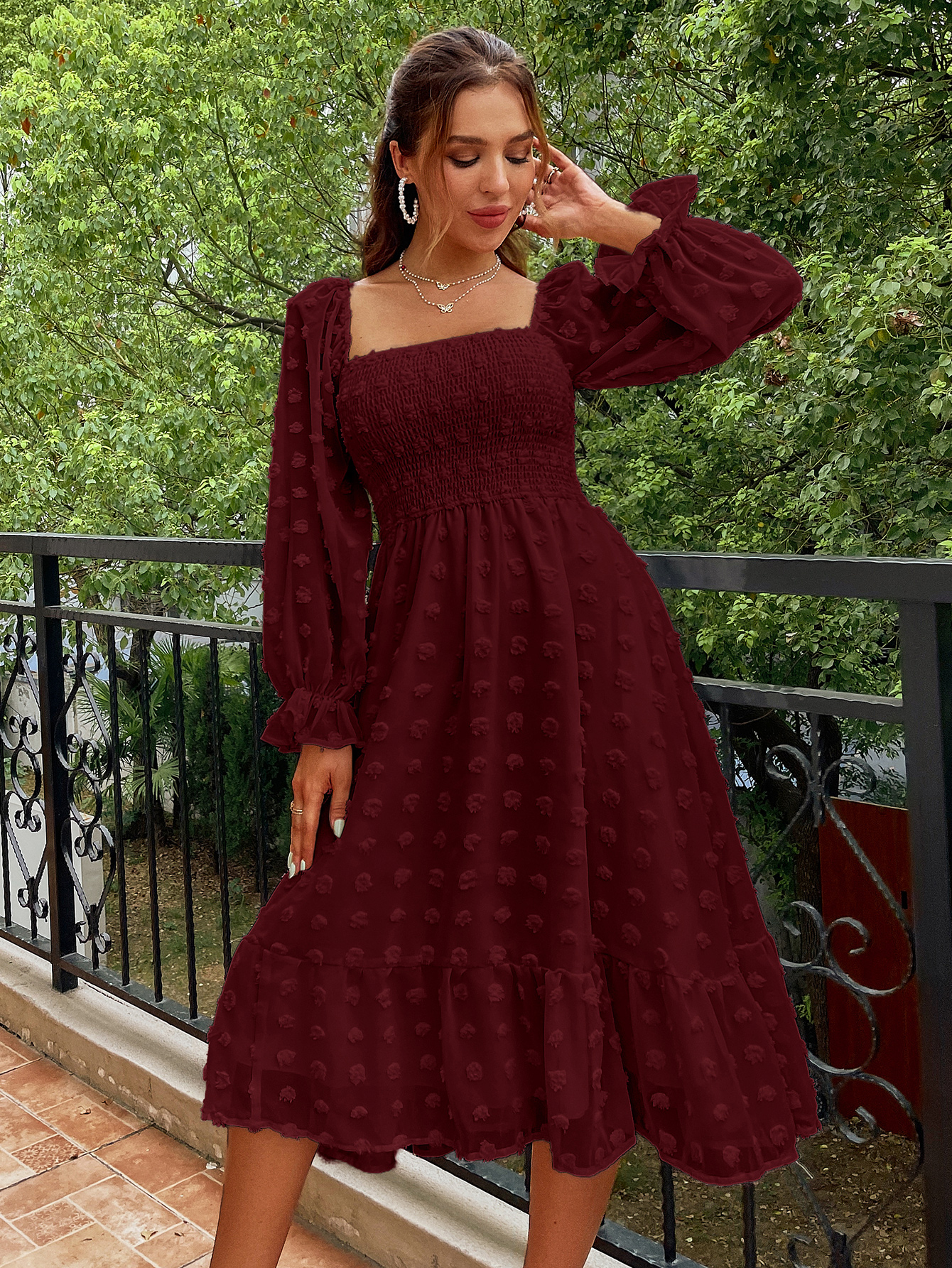 Square Neck Swiss Dot Long Sleeve Shirred Midi Dress - Wine Red