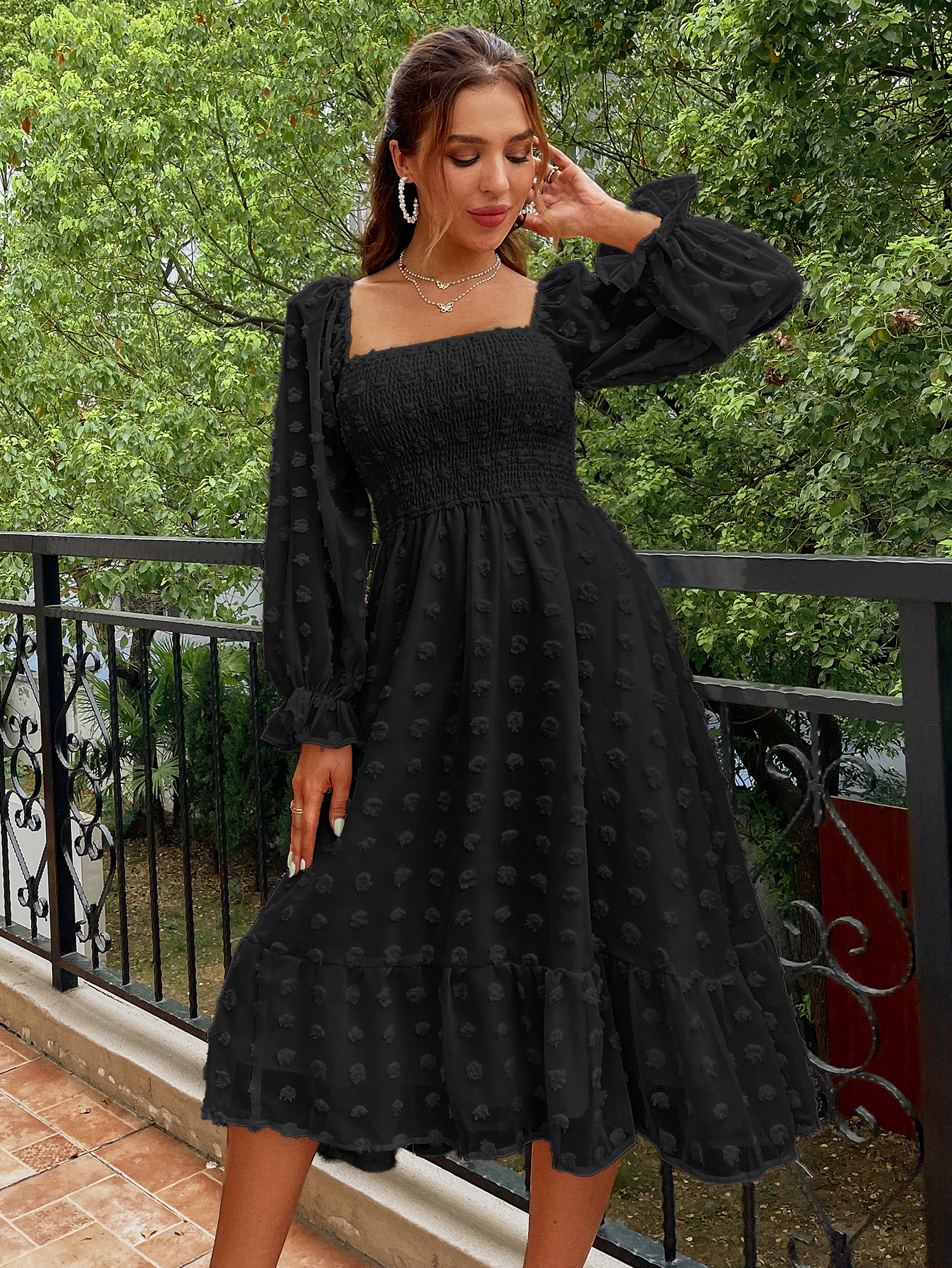 Square Neck Swiss Dot Long Sleeve Shirred Midi Dress - Black