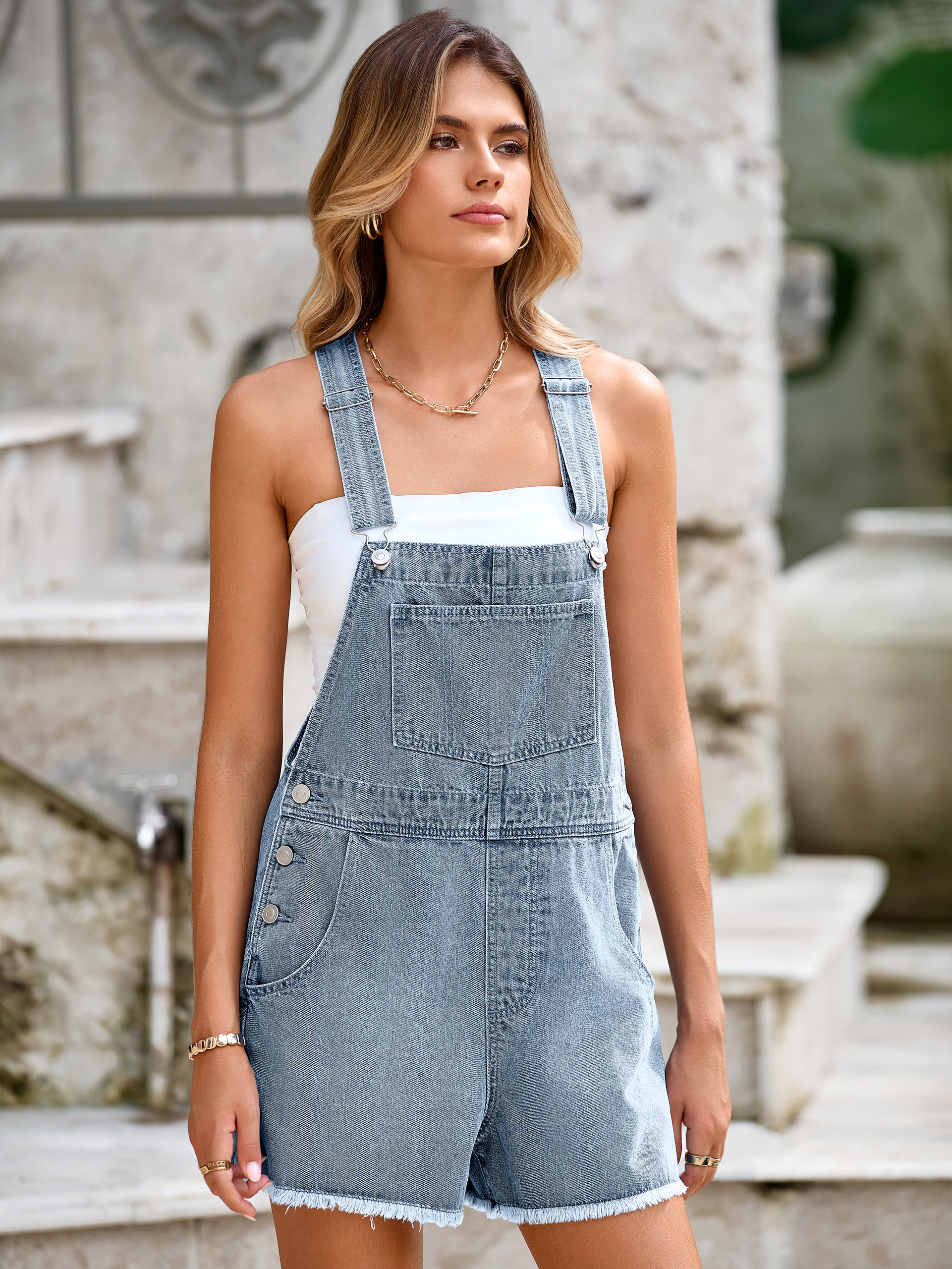 Adjustable Straps Utility Pockets Denim Romper