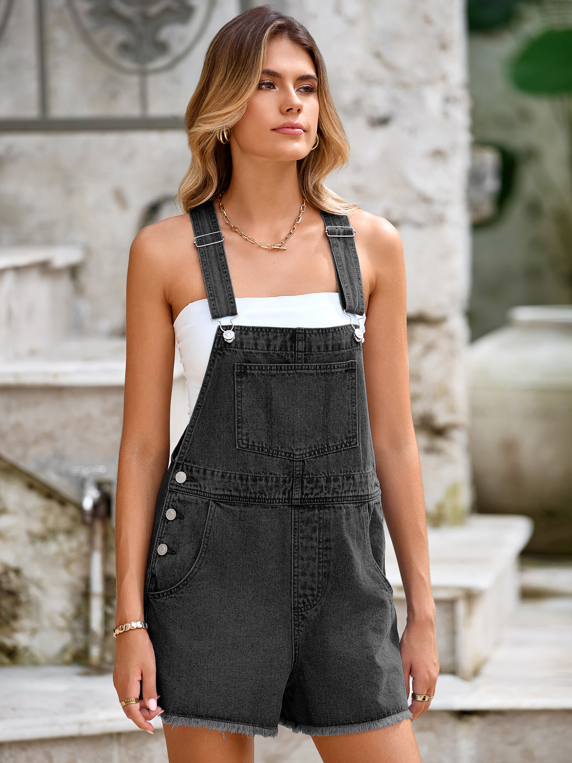 Adjustable Straps Utility Pockets Denim Romper