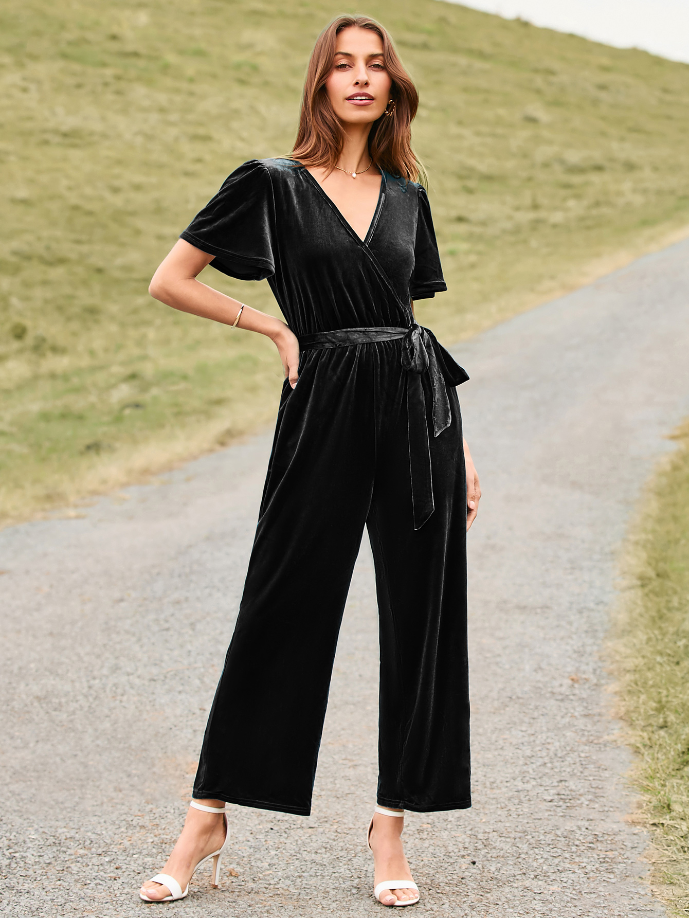 Velvet Short Sleeve Belted Wide Leg Jumpsuit