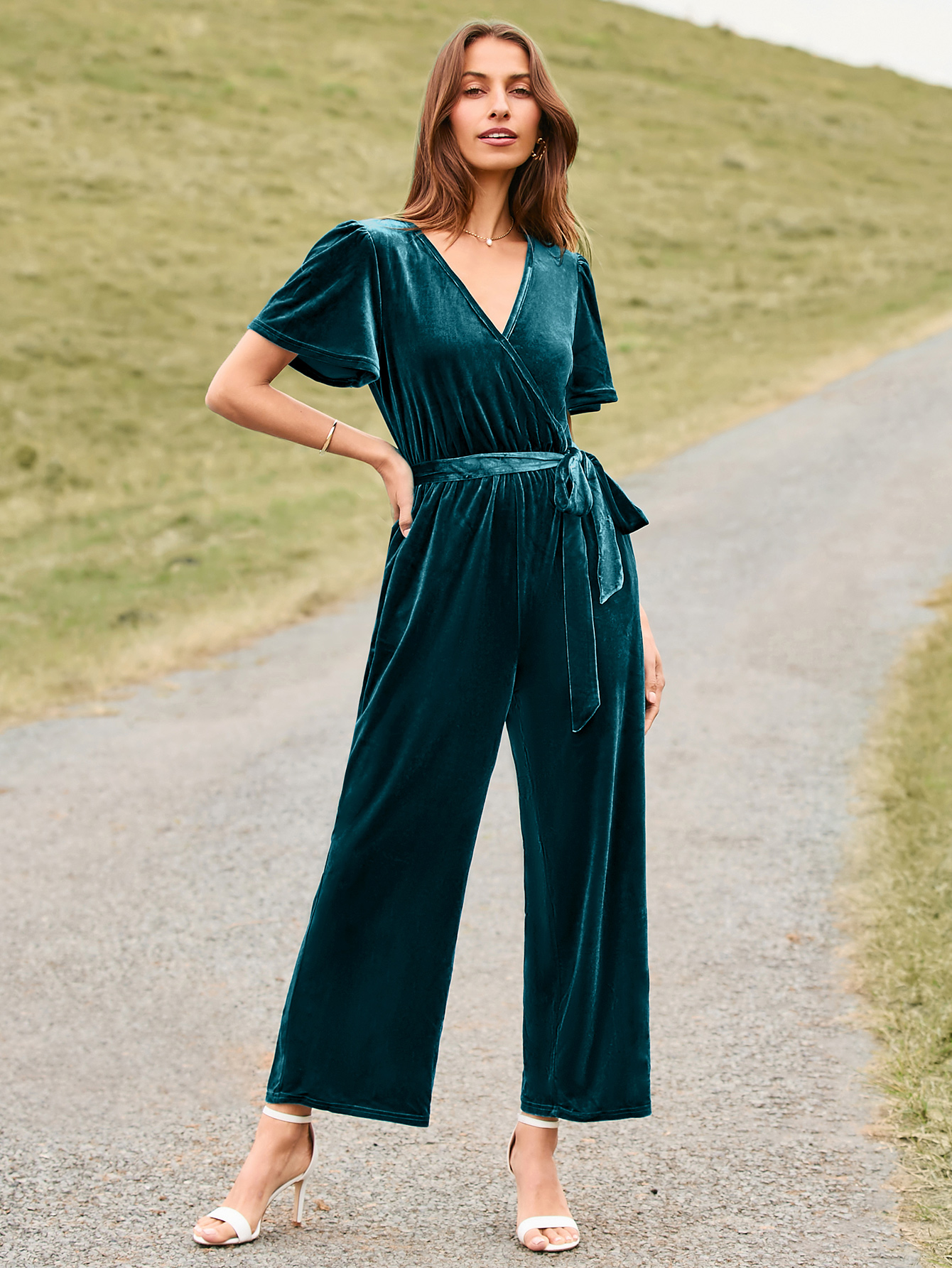 Velvet Short Sleeve Belted Wide Leg Jumpsuit