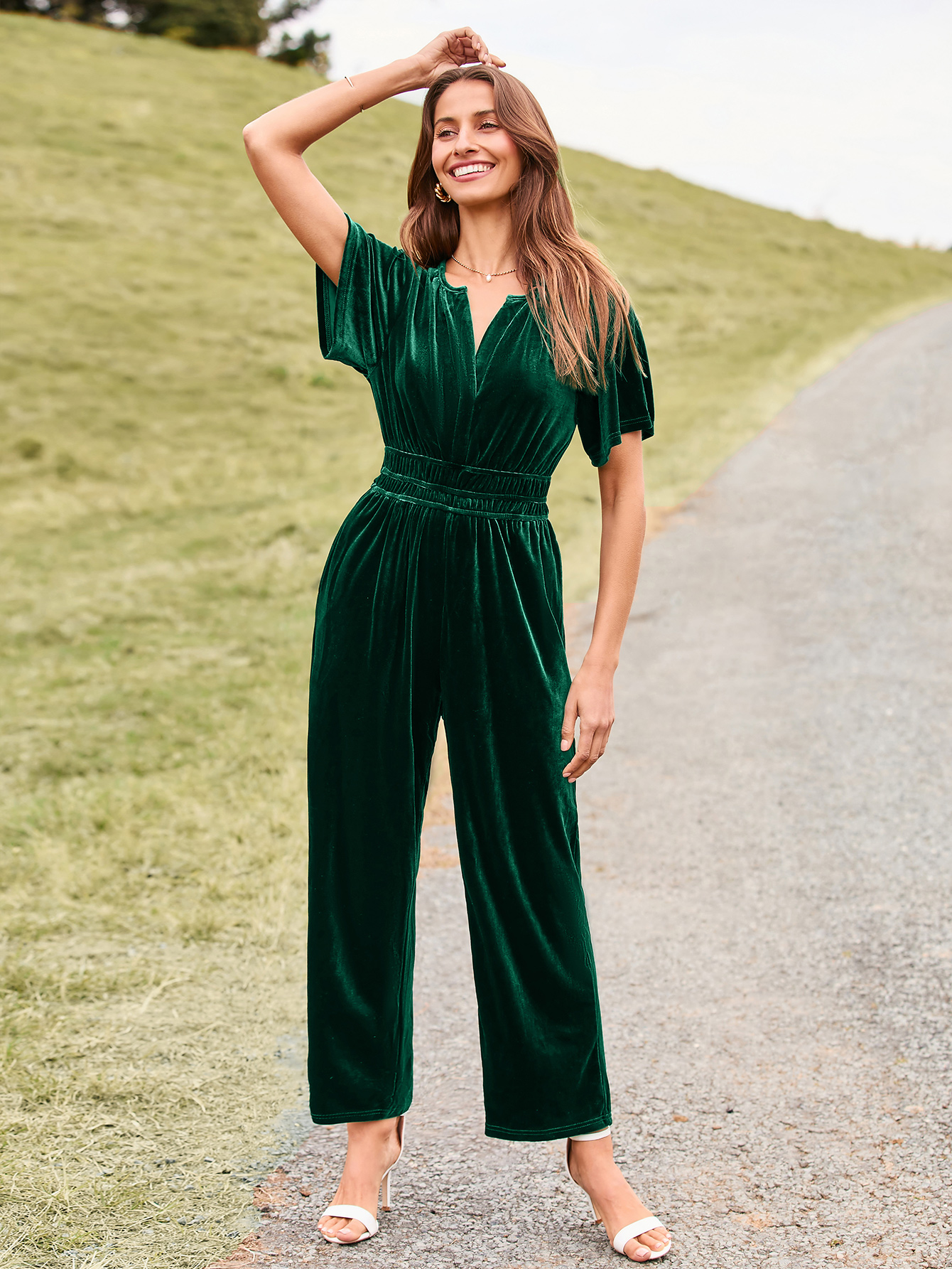 Velvet Short Sleeve V Neck Wide Leg Jumpsuit