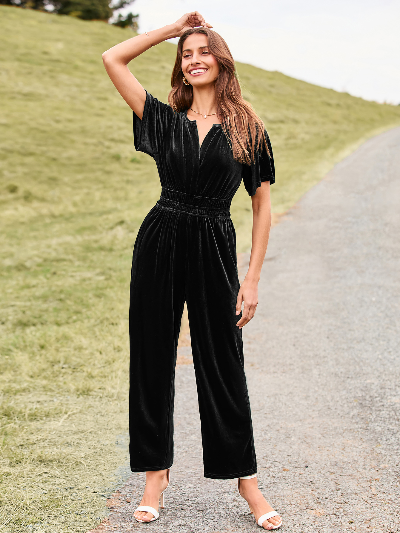 Velvet Short Sleeve V Neck Wide Leg Jumpsuit