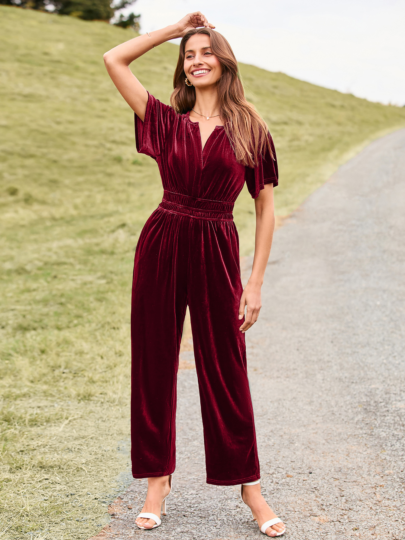 Velvet Short Sleeve V Neck Wide Leg Jumpsuit