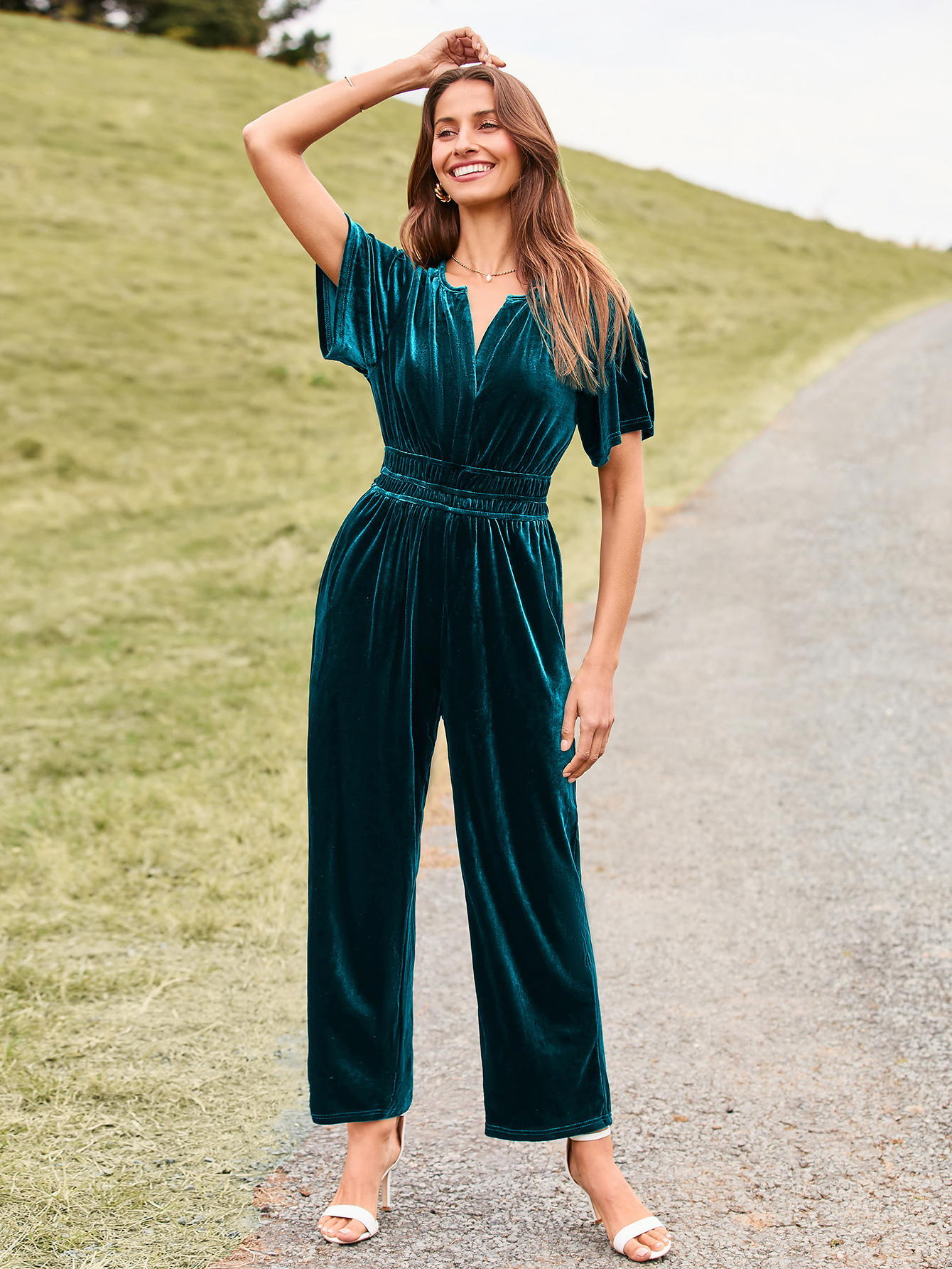 Velvet Short Sleeve V Neck Wide Leg Jumpsuit