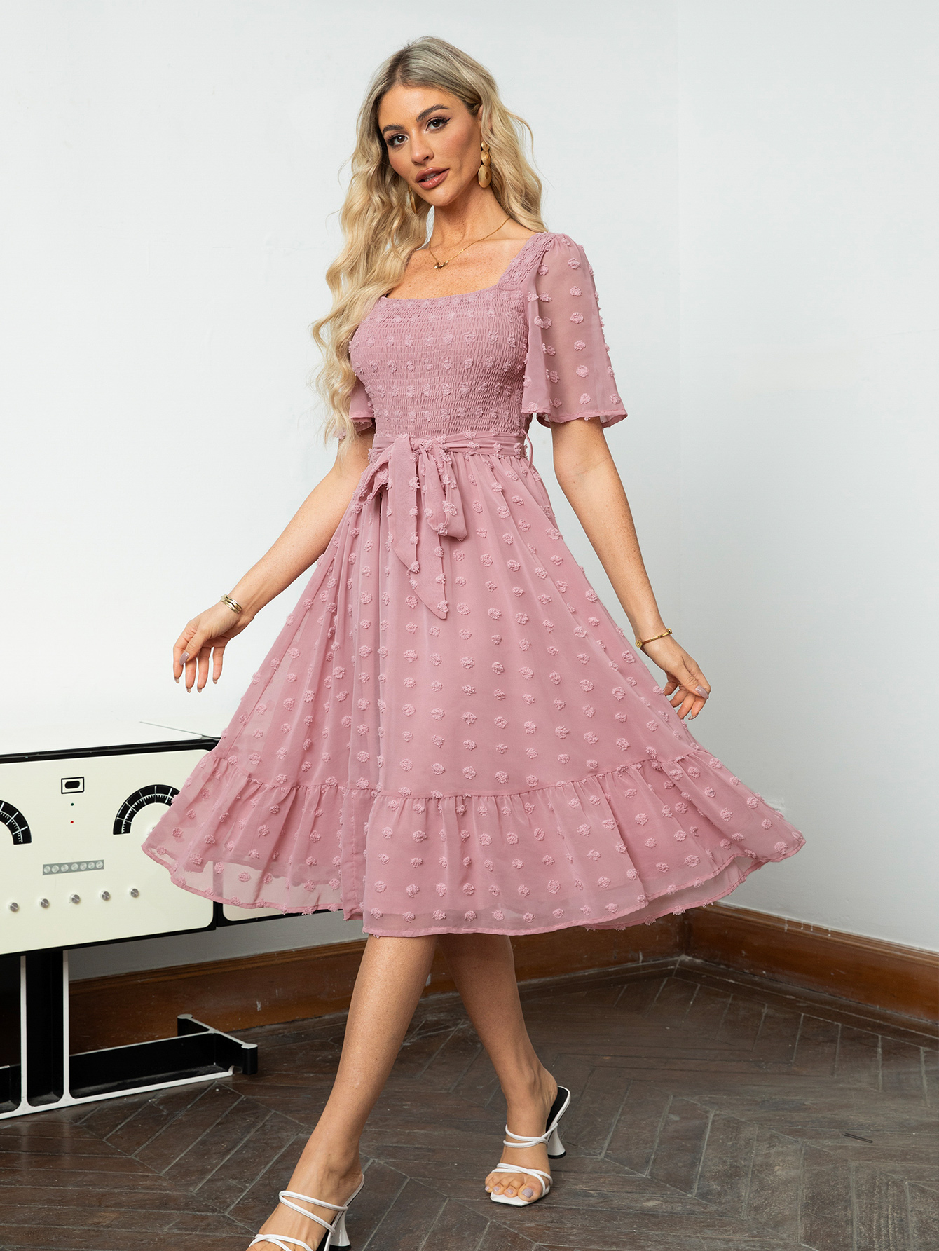 Square Neck Swiss Dot Ruffle Tie Waist Midi Dress - Pink