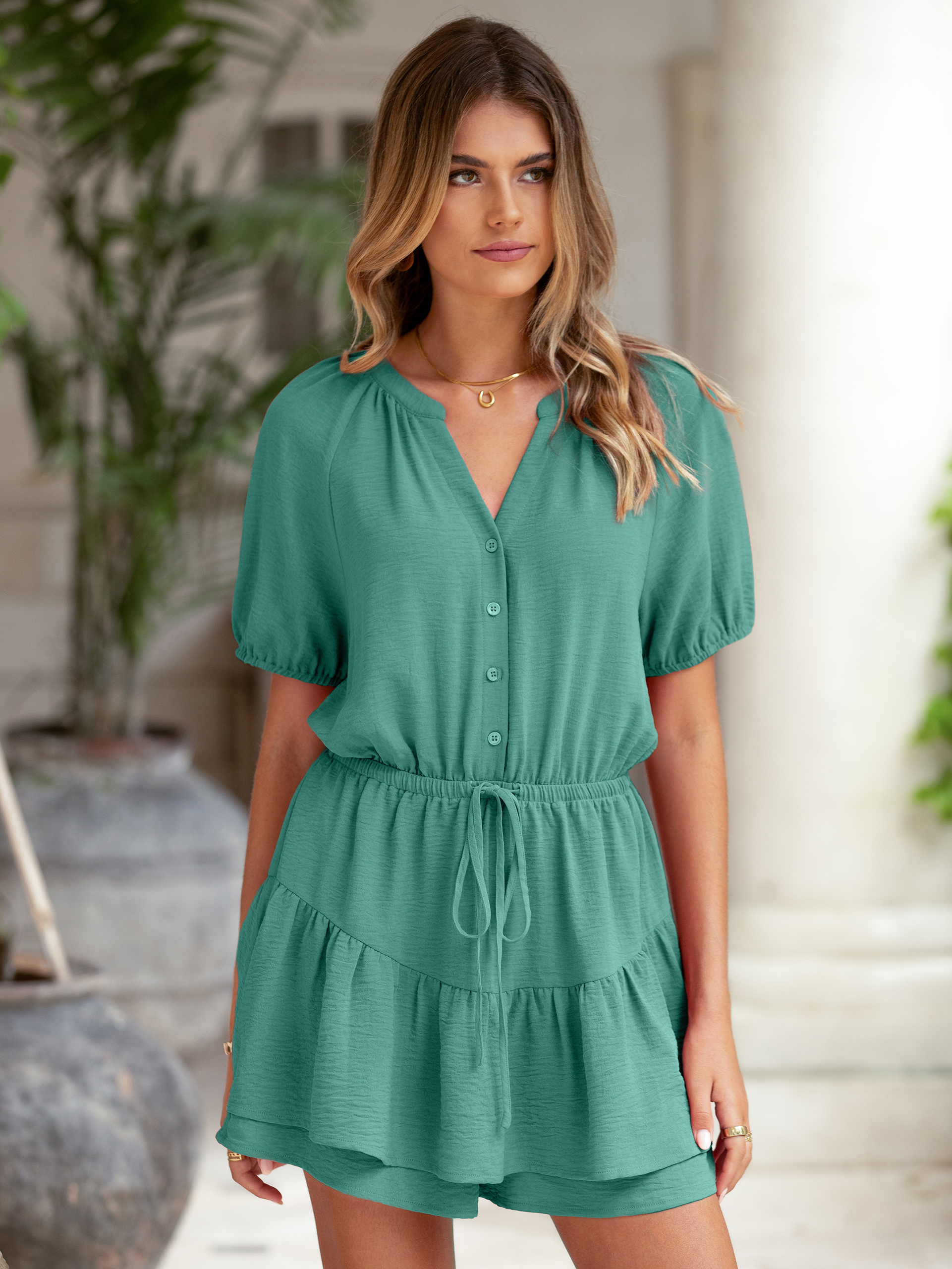 Ruffle V Neck Short Sleeve Tie Waist Romper
