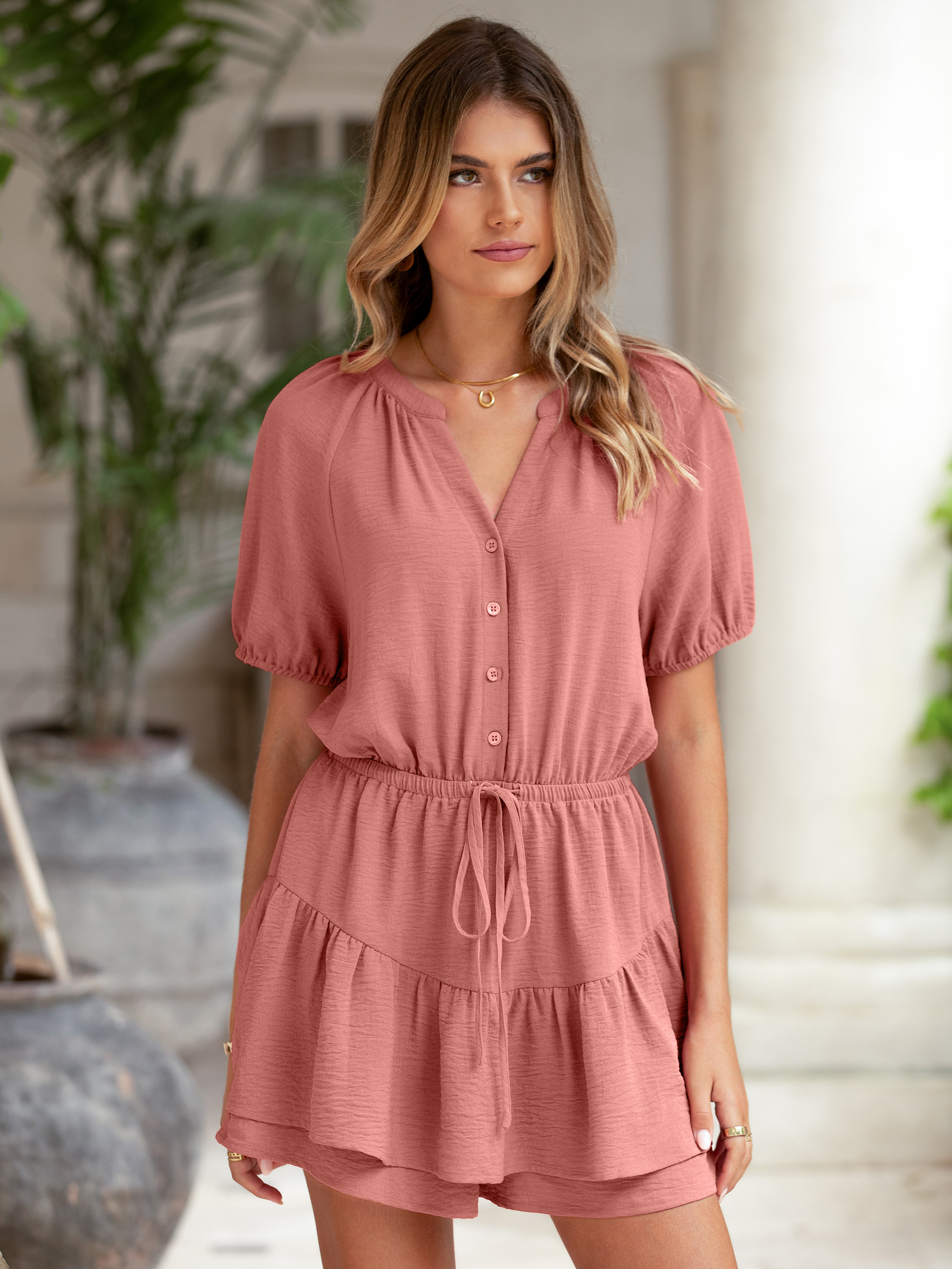 Ruffle V Neck Short Sleeve Tie Waist Romper