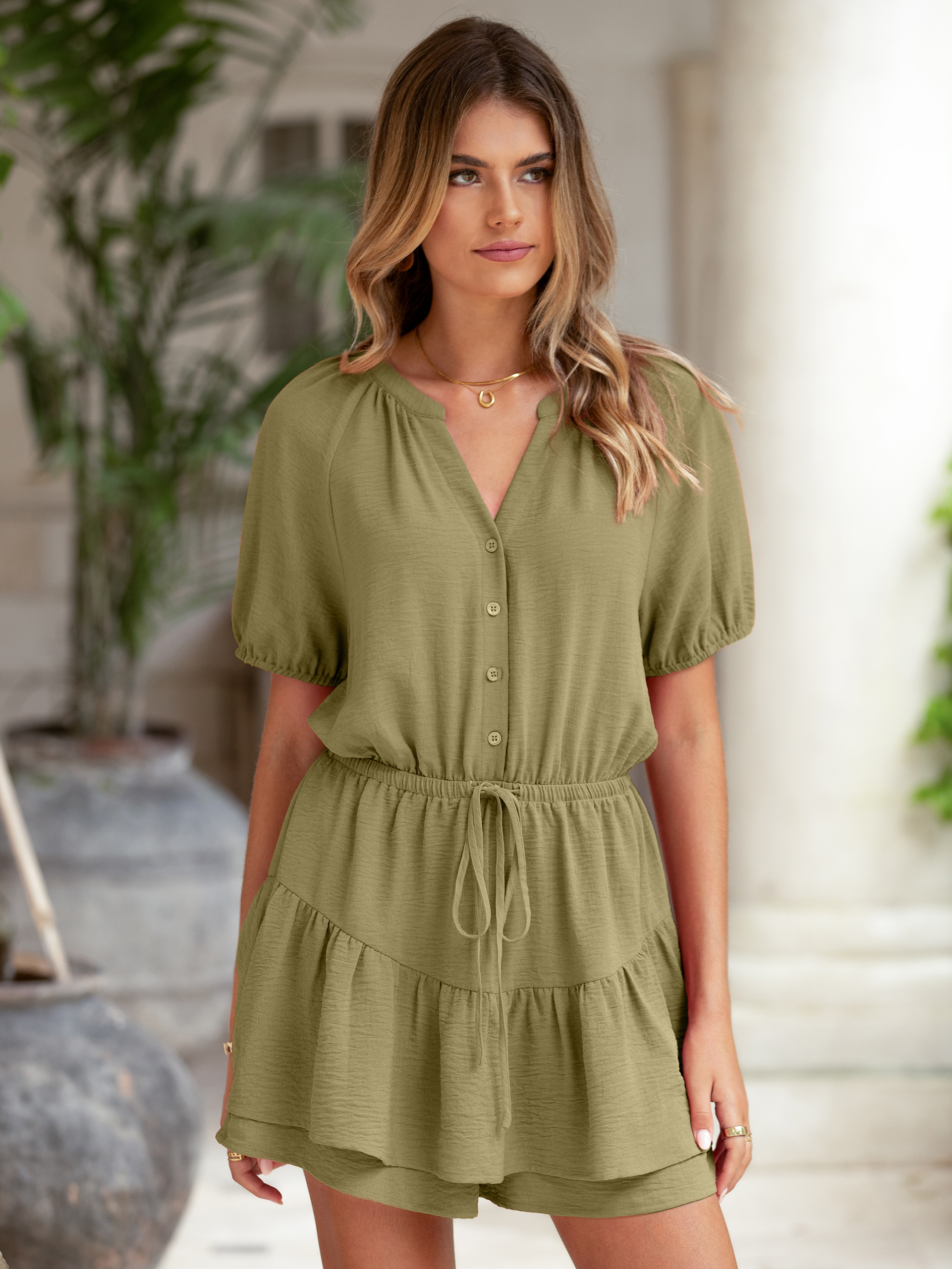 Ruffle V Neck Short Sleeve Tie Waist Romper