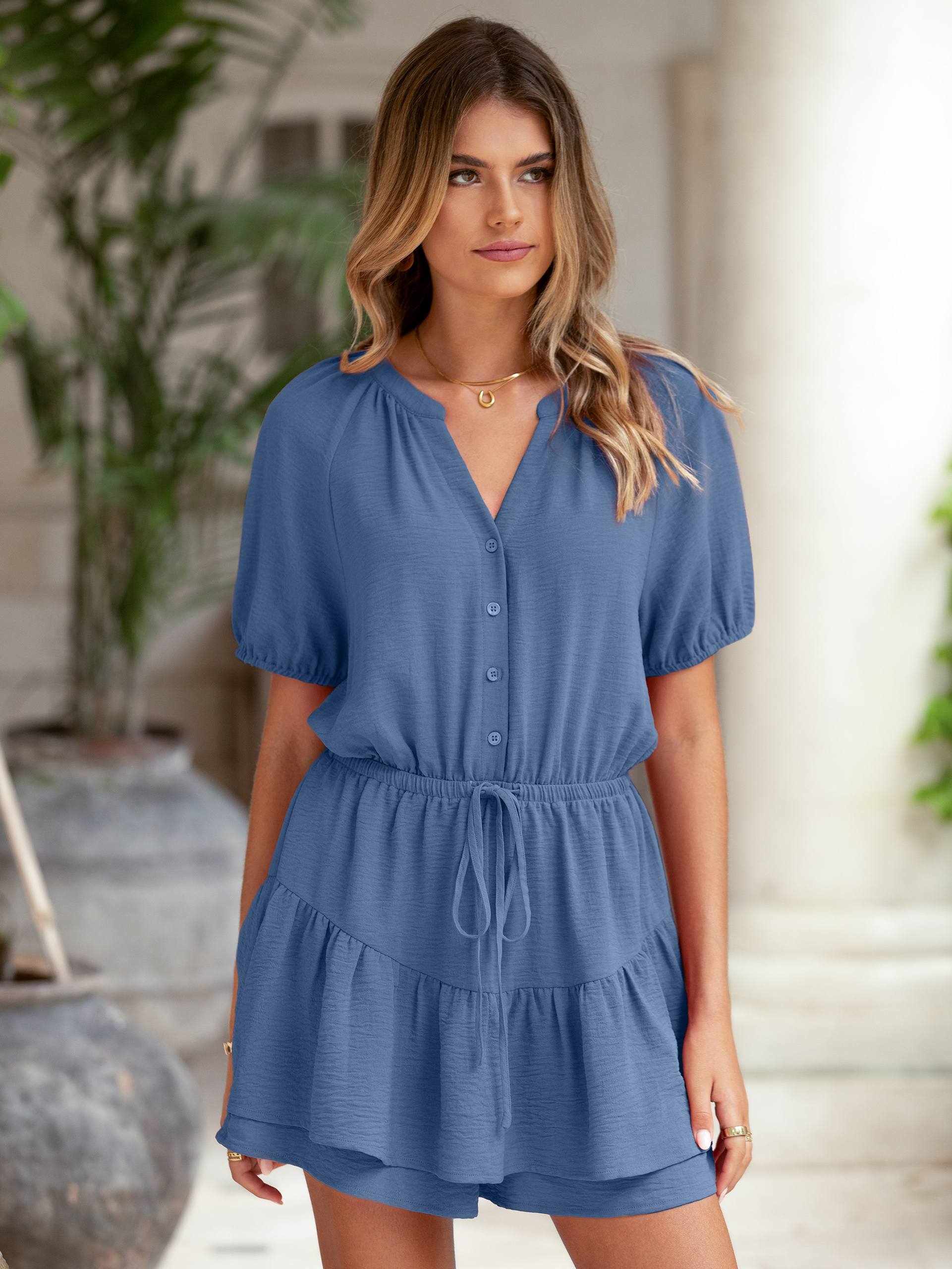 Ruffle V Neck Short Sleeve Tie Waist Romper