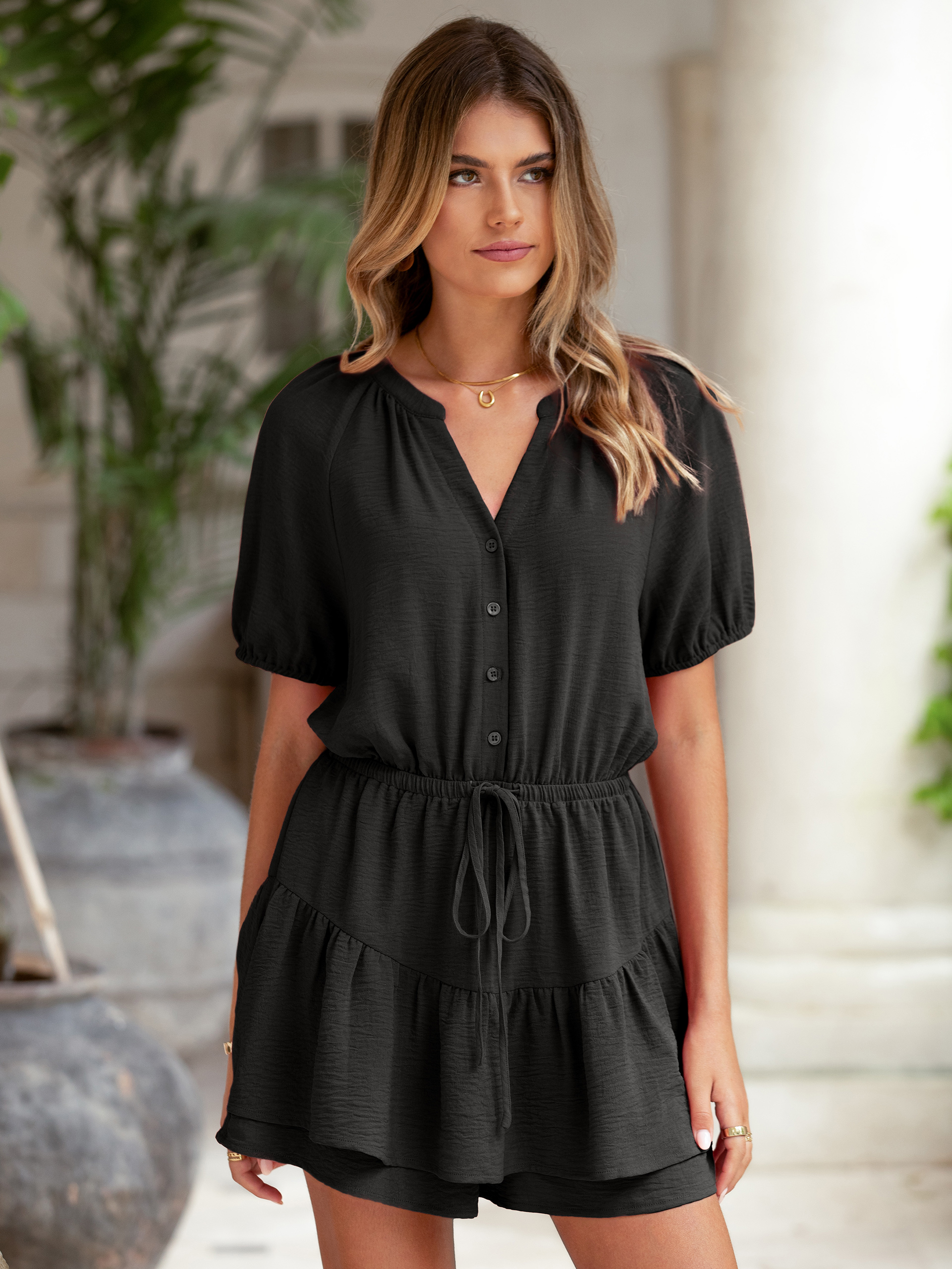 Ruffle V Neck Short Sleeve Tie Waist Romper