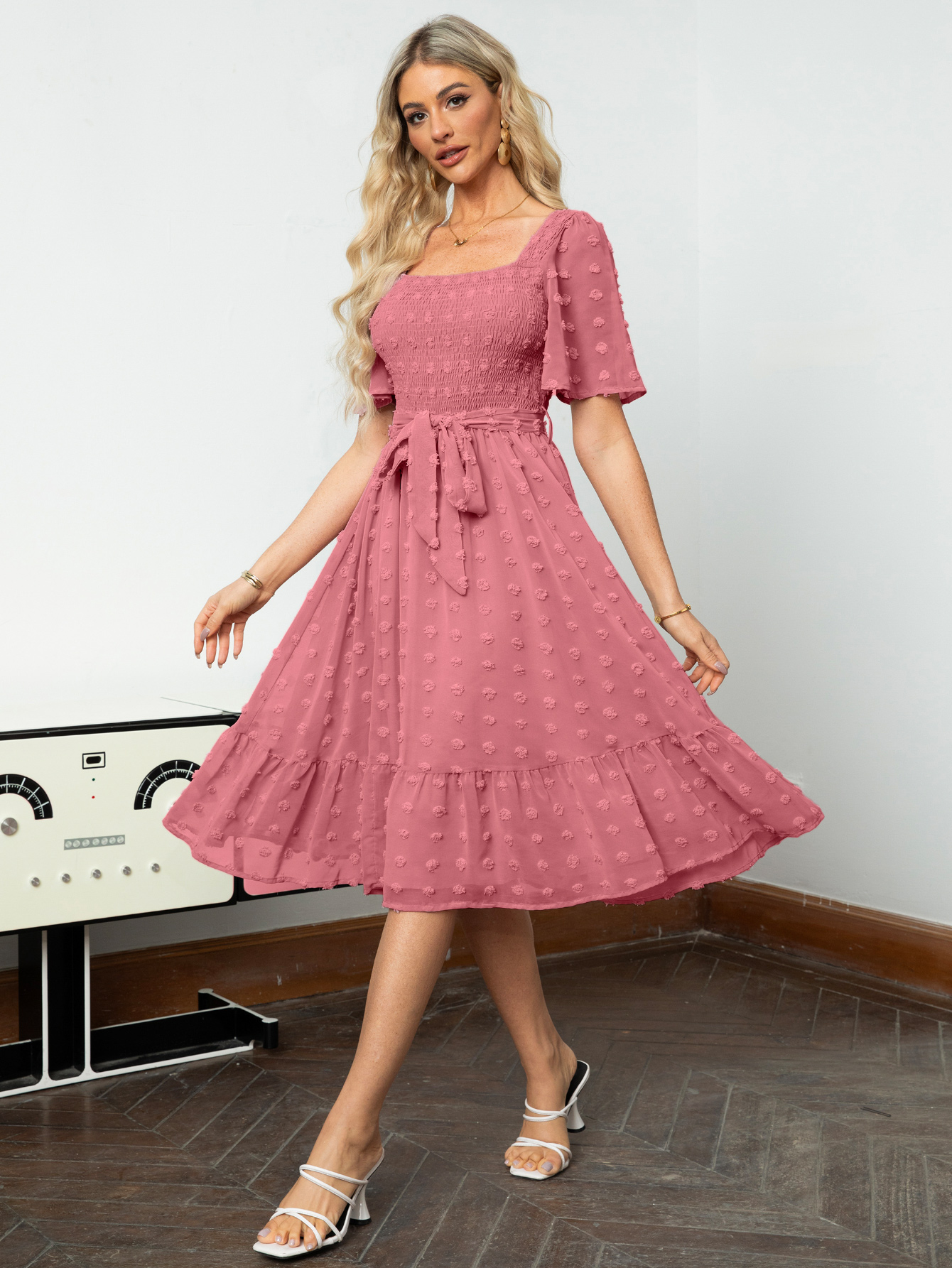 Square Neck Swiss Dot Ruffle Tie Waist Midi Dress - Rust Pink