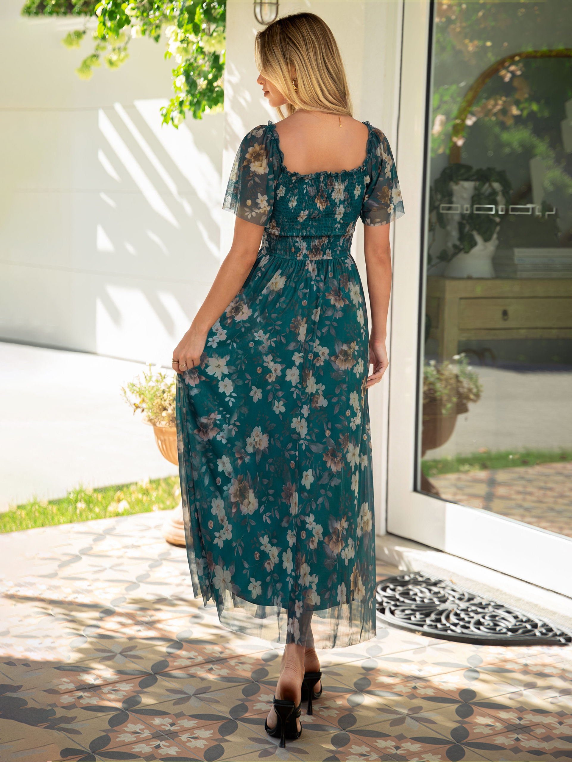 Floral Square Neck Smocked Flutter Sleeve Maxi Dress
