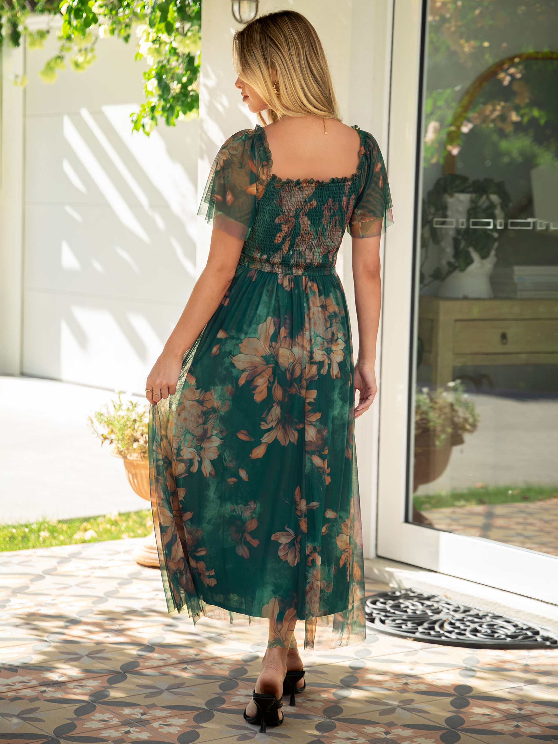 Floral Square Neck Smocked Flutter Sleeve Maxi Dress