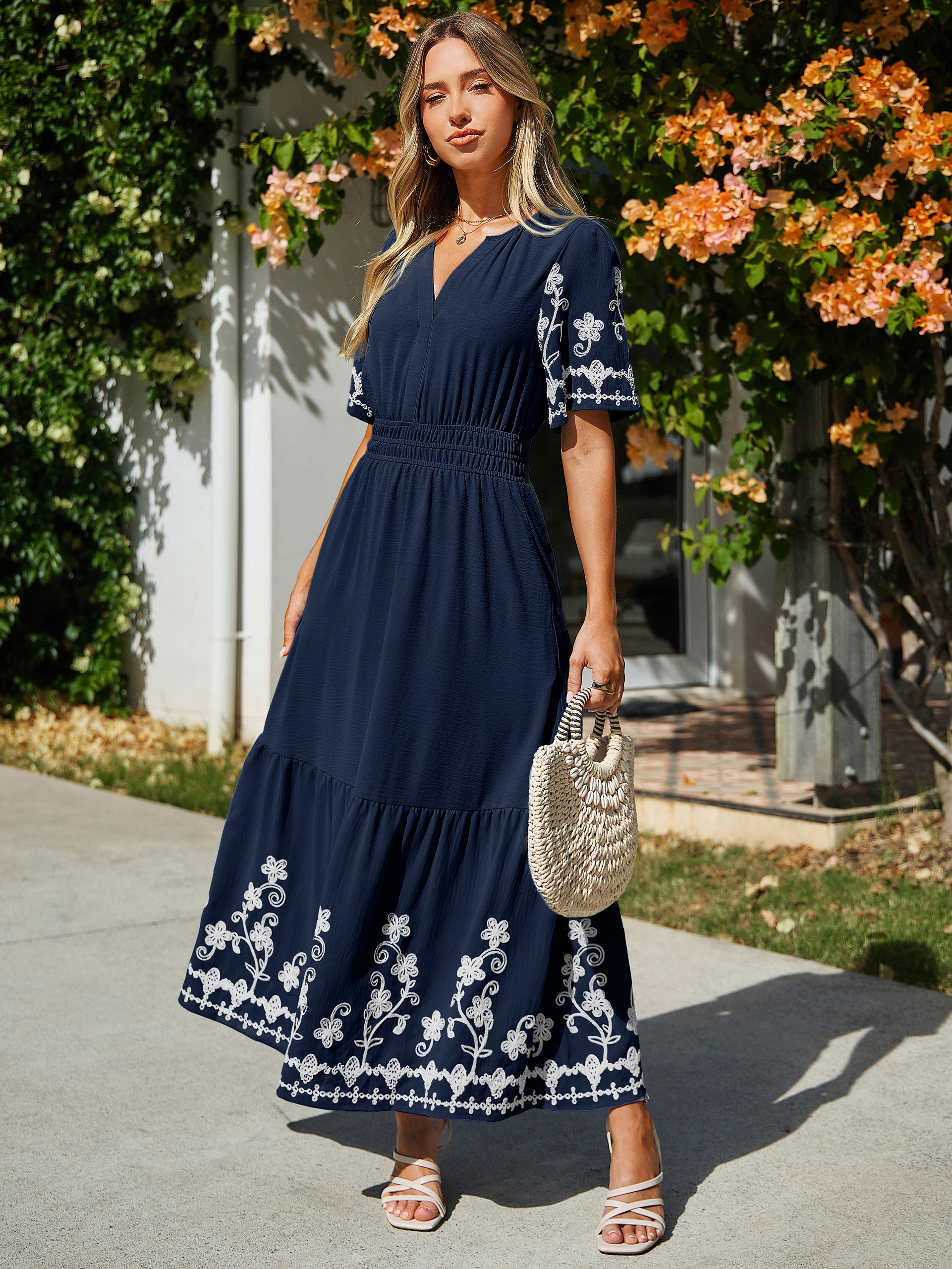 Floral Embroidery V-Neck A-Line Maxi Dress