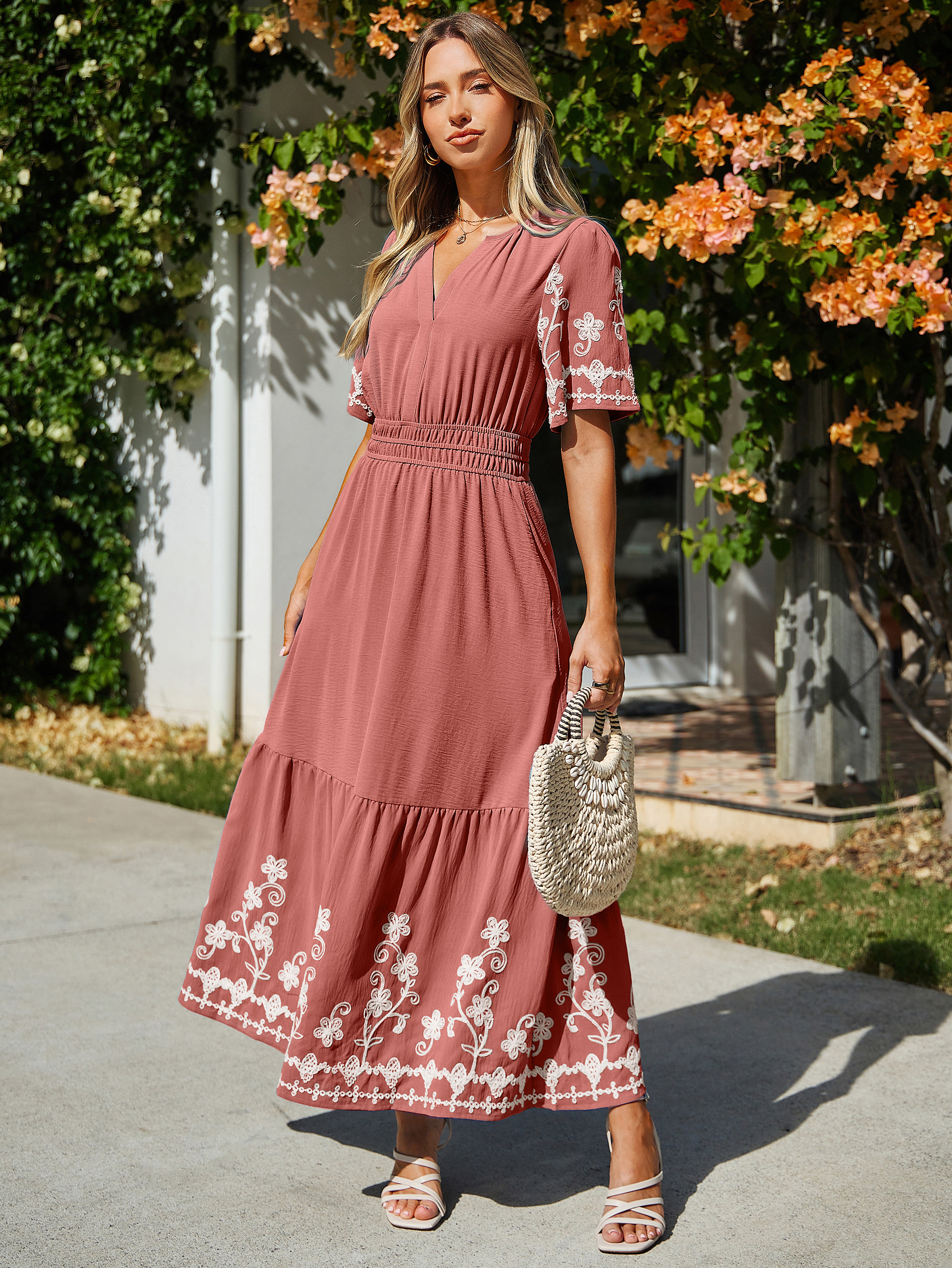 Floral Embroidery V-Neck A-Line Maxi Dress