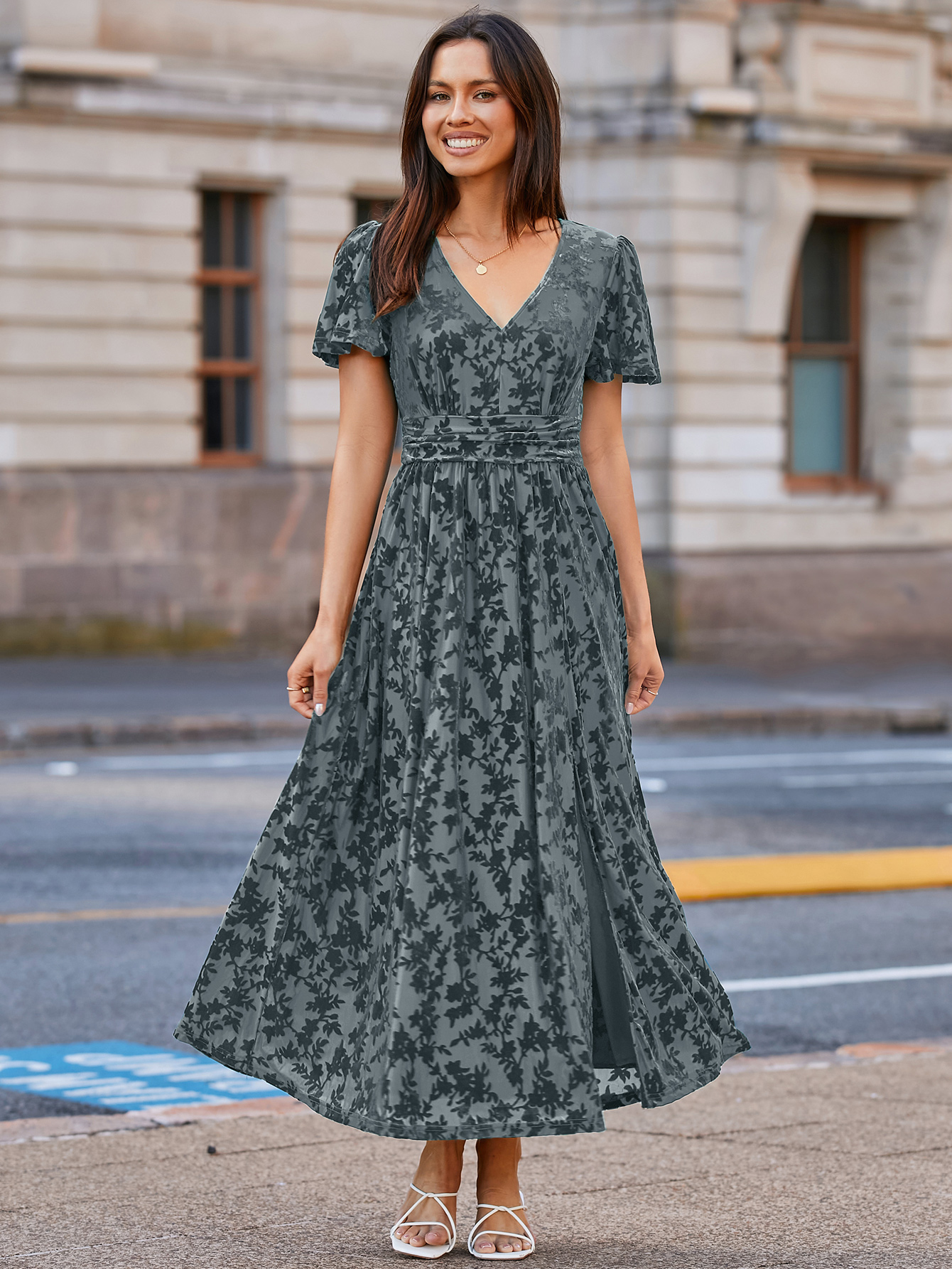 Velvet Floral Slit V-Neck Flutter Sleeve Maxi Dress - Dusty Blue