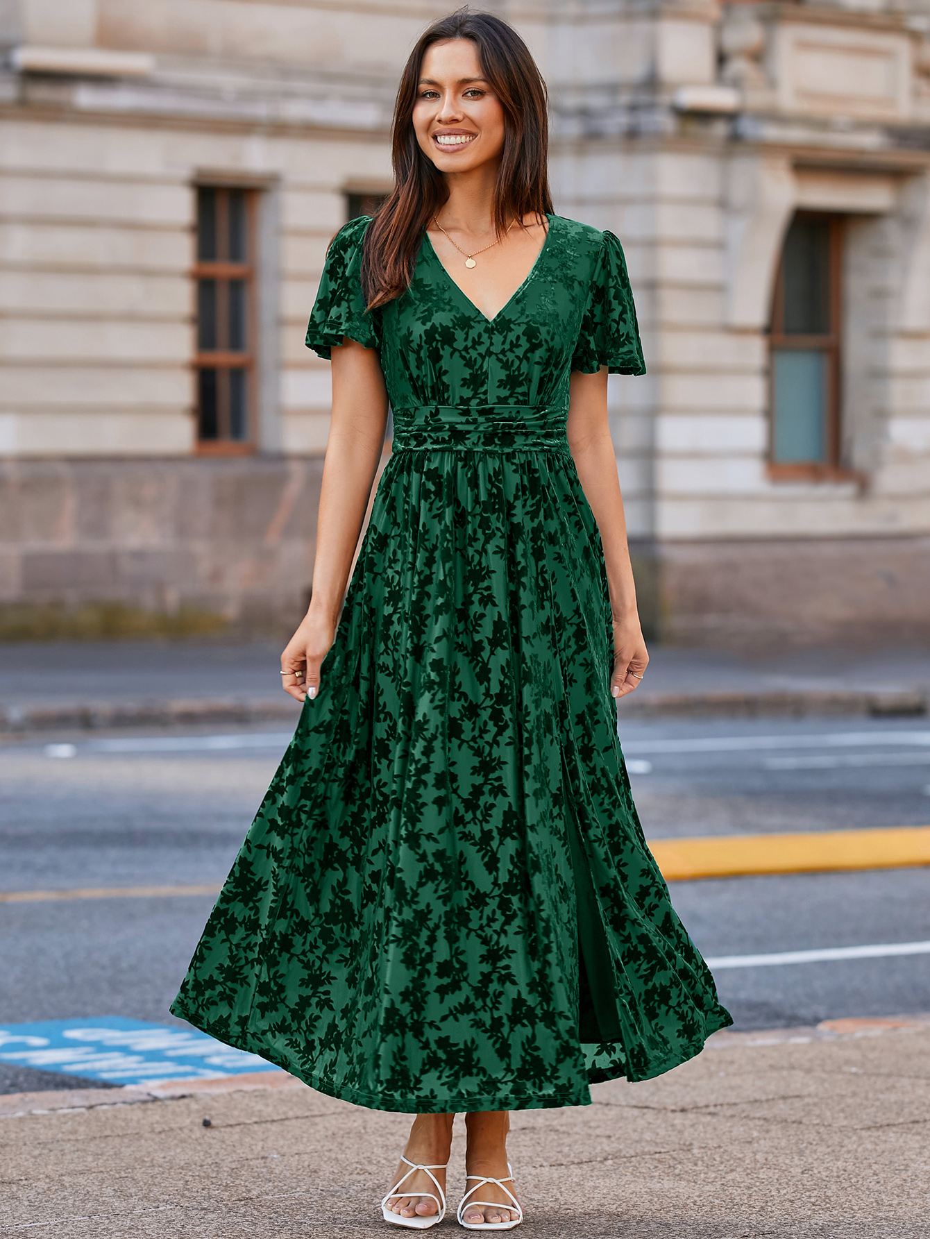 Velvet Floral Slit V-Neck Flutter Sleeve Maxi Dress - Green