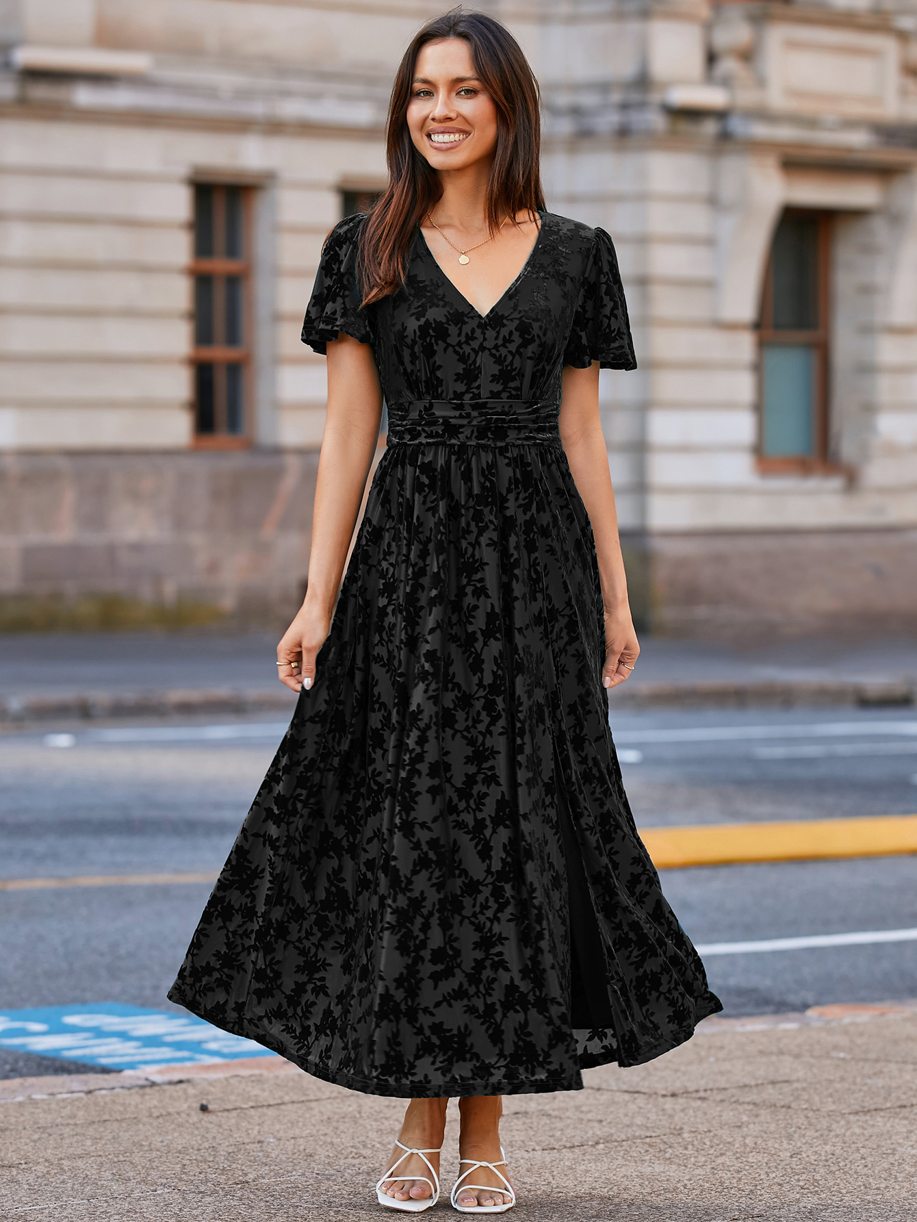 Velvet Floral Slit V-Neck Flutter Sleeve Maxi Dress - Black