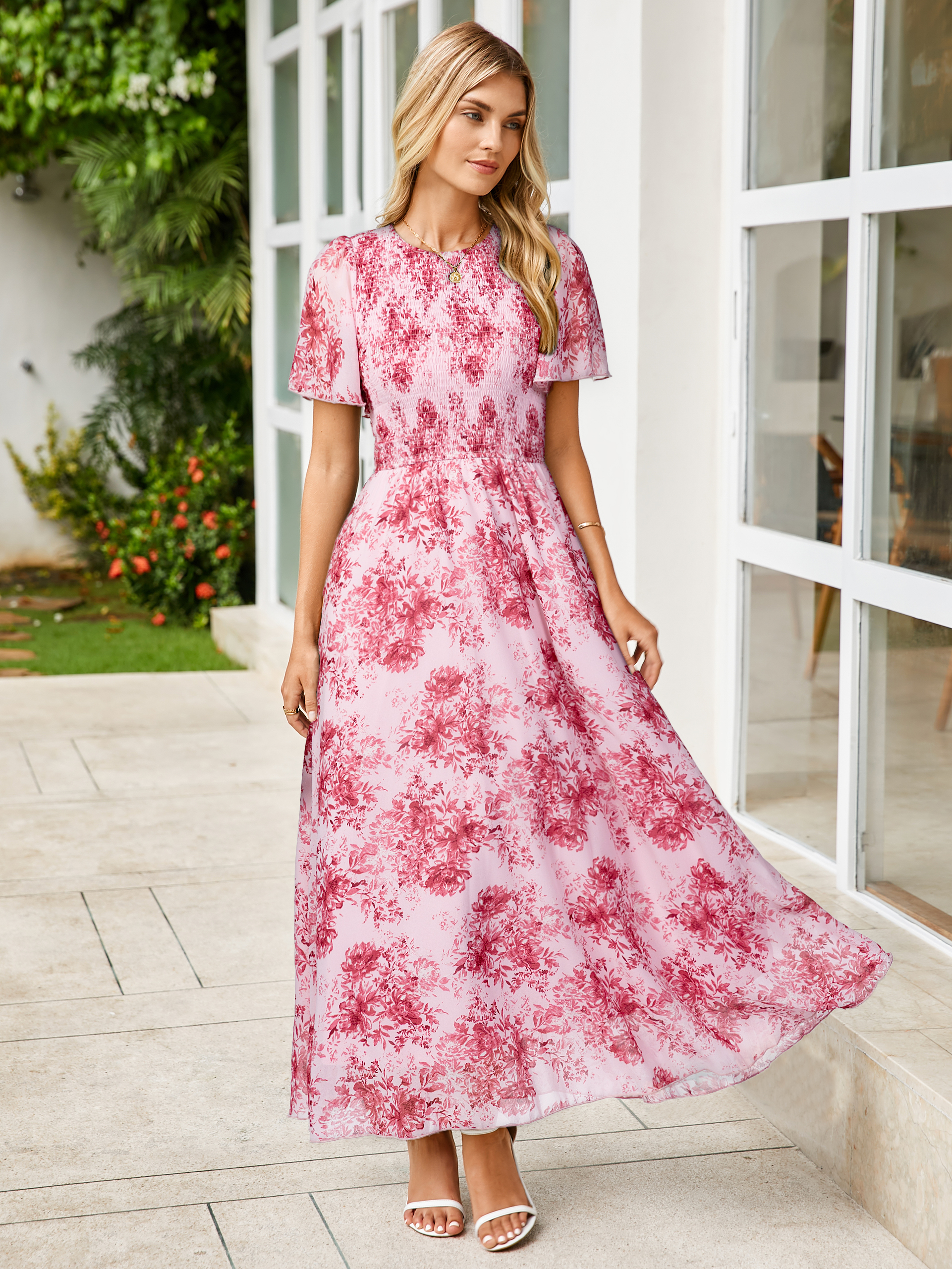 Chiffon Flutter Sleeve Smocked Floral Maxi Dress