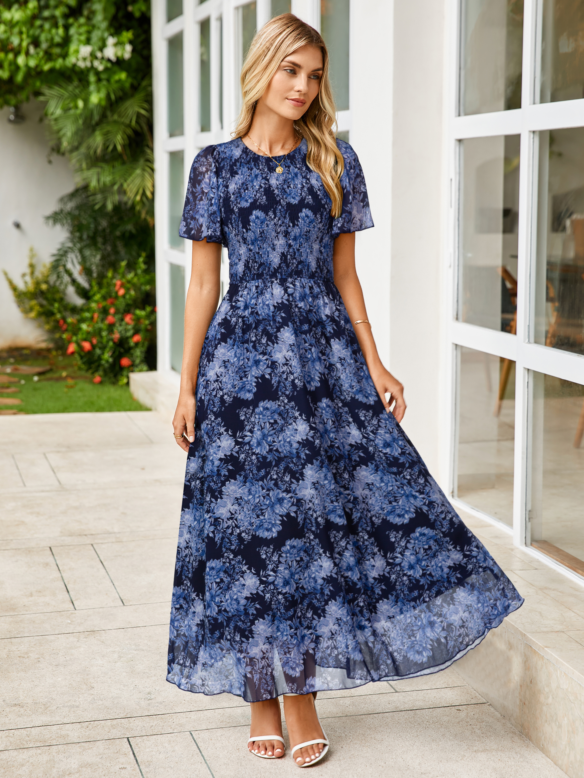 Chiffon Flutter Sleeve Smocked Floral Maxi Dress
