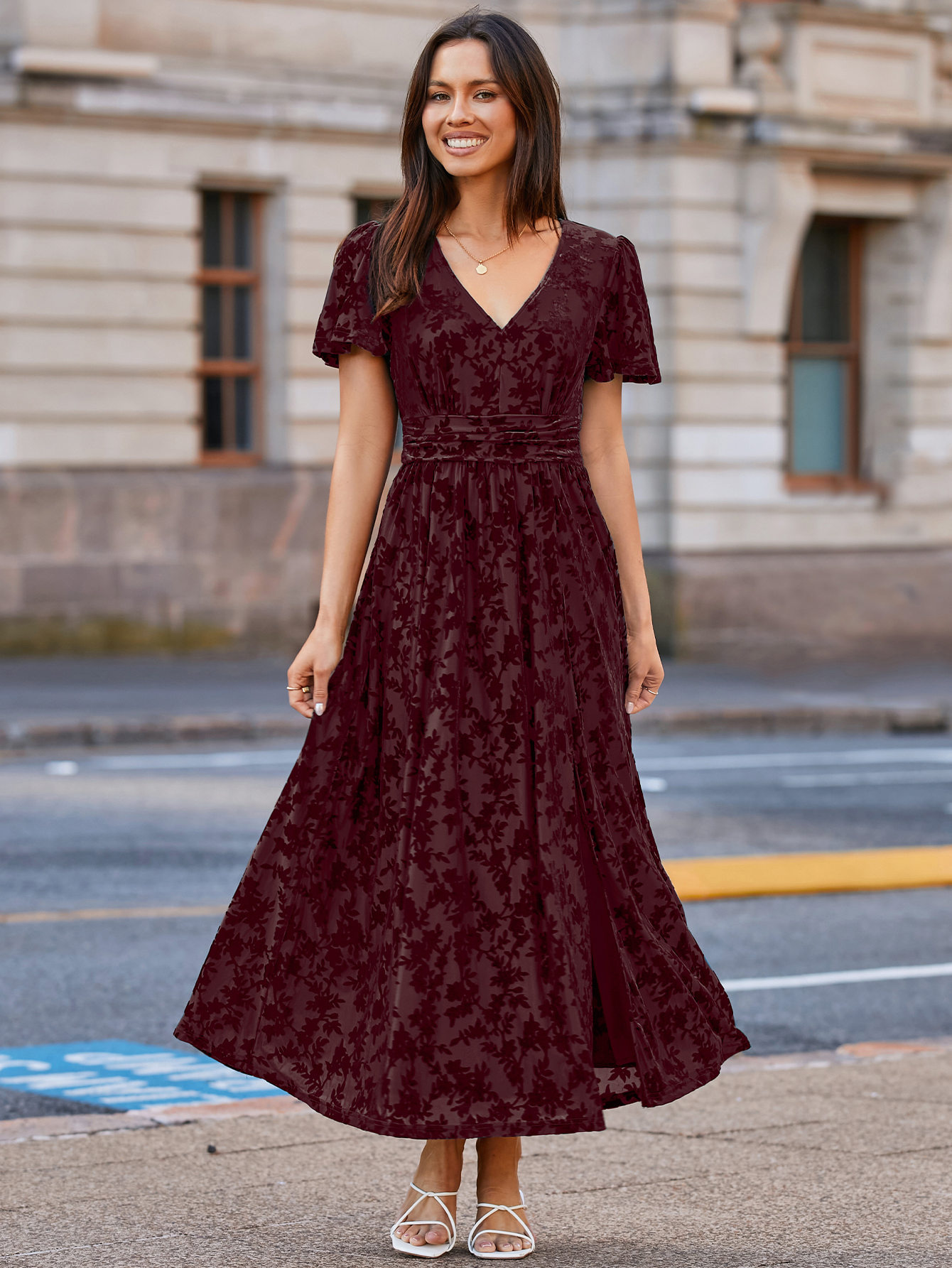 Velvet Floral Slit V-Neck Flutter Sleeve Maxi Dress - Burgundy