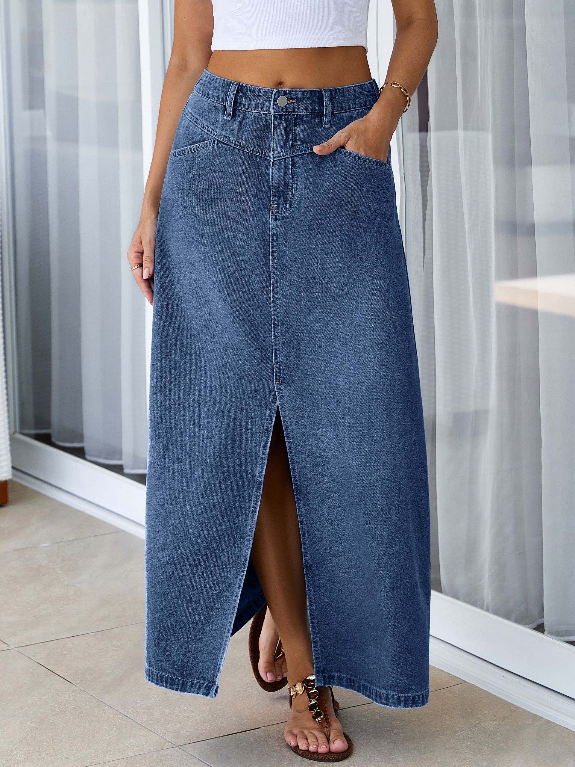 High Waisted Front Slit A-Line Denim Maxi Skirt - Denim Dark Blue