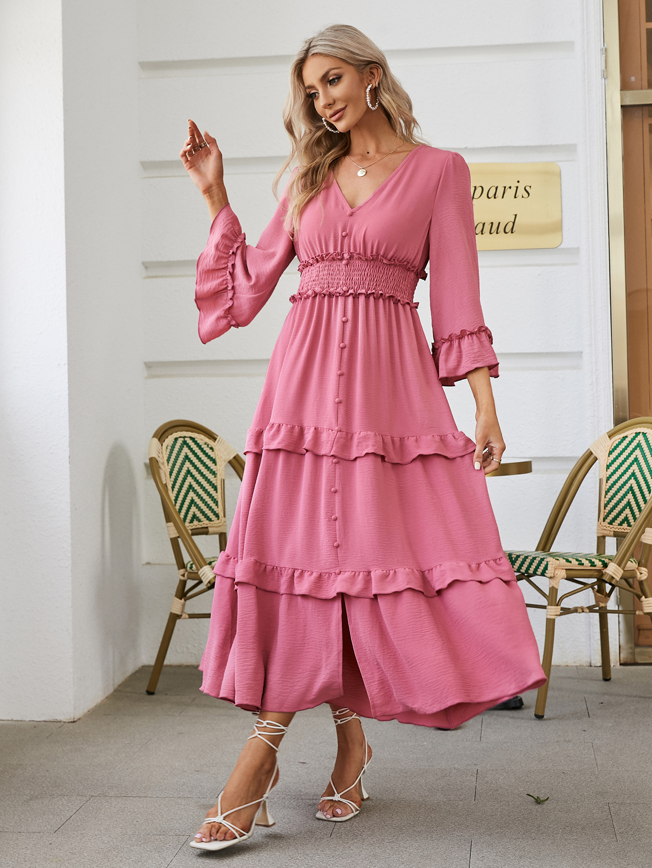 Long Sleeve Tiered Ruffle Smocked Flare Maxi Dress