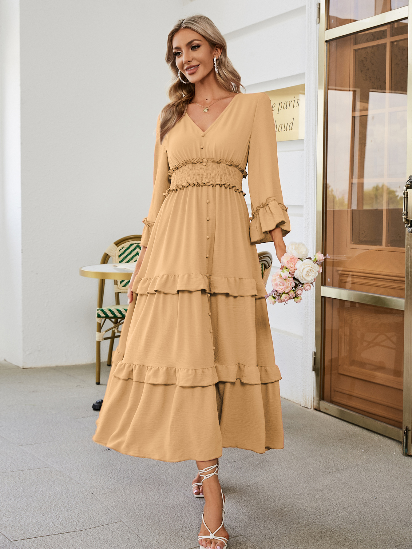 Long Sleeve Tiered Ruffle Smocked Flare Maxi Dress
