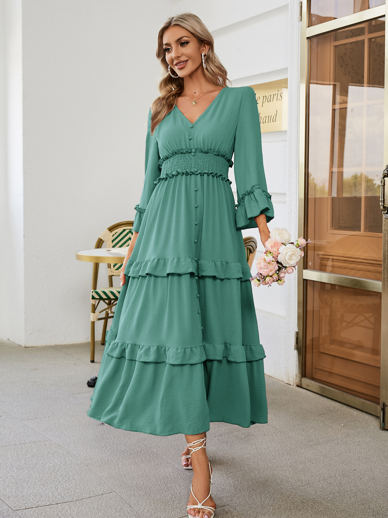 Long Sleeve Tiered Ruffle Smocked Flare Maxi Dress